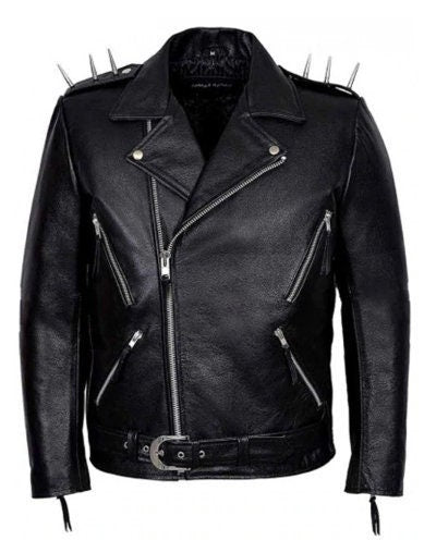 Handmade Men's Vintage Classic Metal Spikes Brando Motorcycle Black Leather Jacket