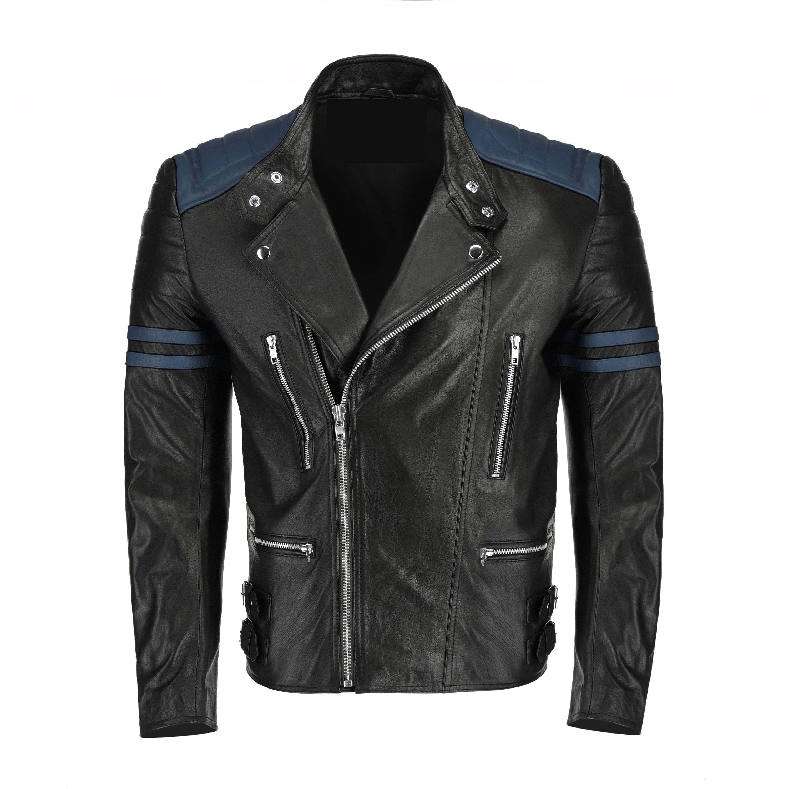 Handmade Rodger's Blue And Black Biker Style Leather Jacket