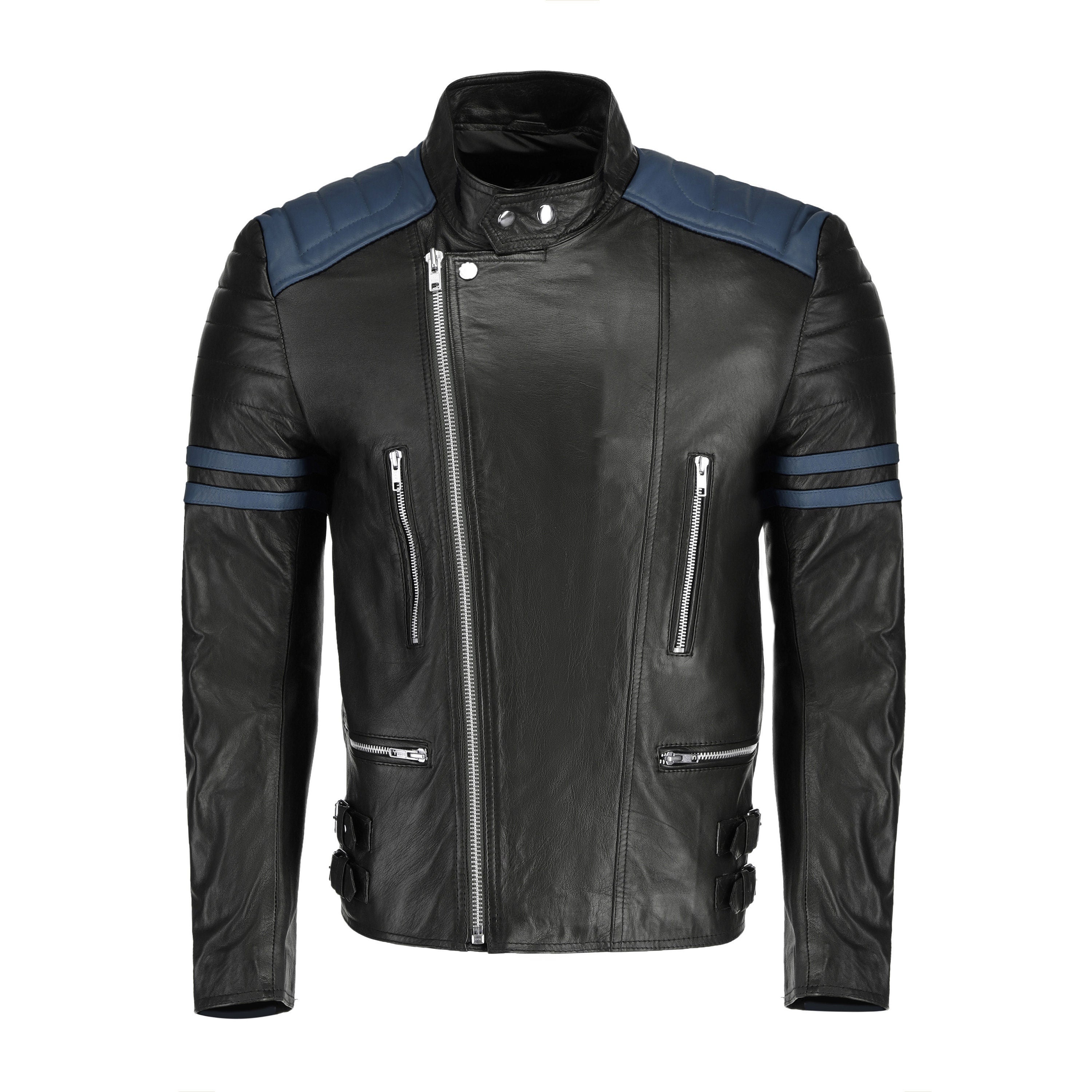 Handmade Rodger's Blue And Black Biker Style Leather Jacket