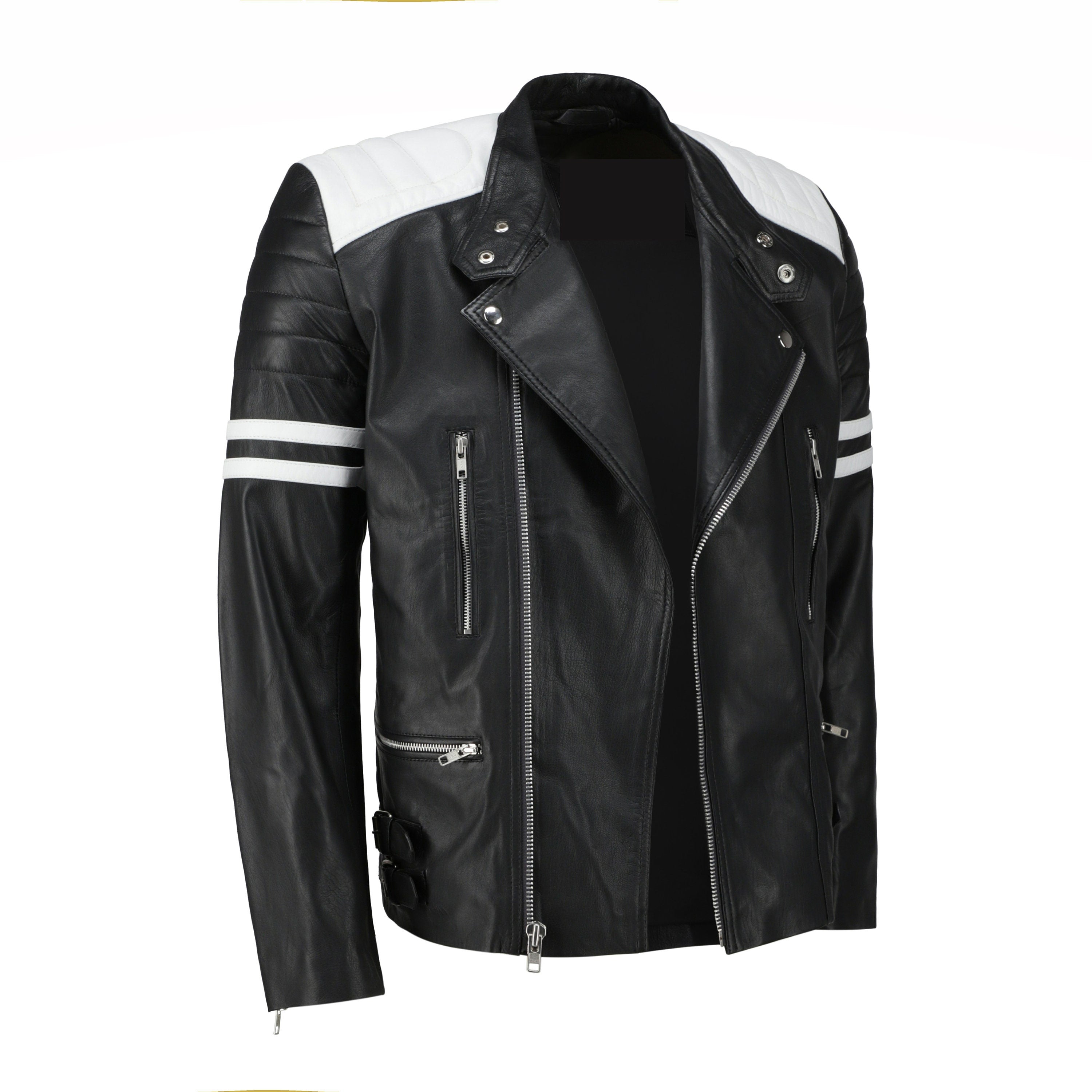 Rodger's White And Black Biker Style Leather Jacket Handcrafted by Ox and Bulls