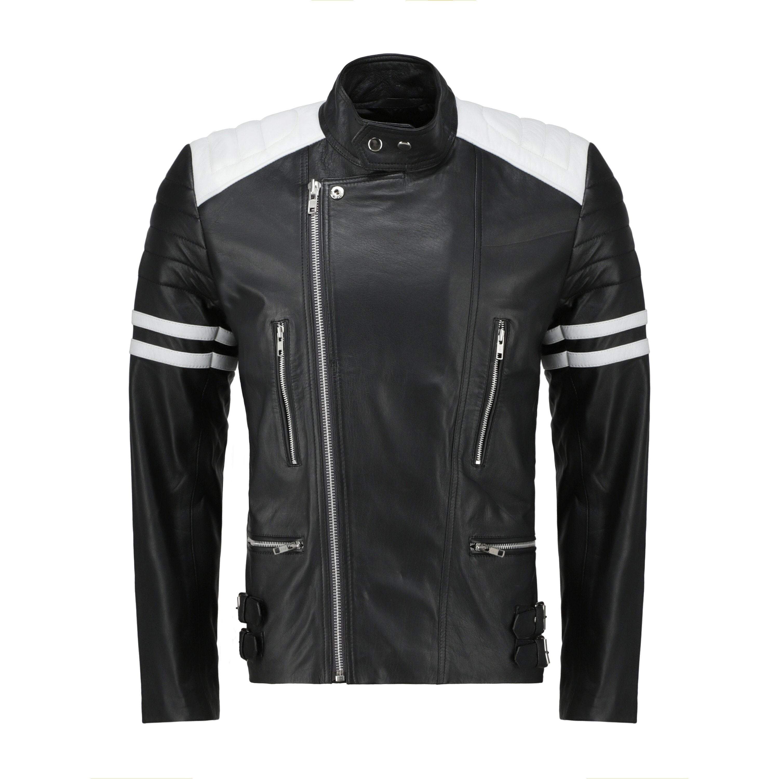 Handmade Rodger's White And Black Biker Style Leather Jacket