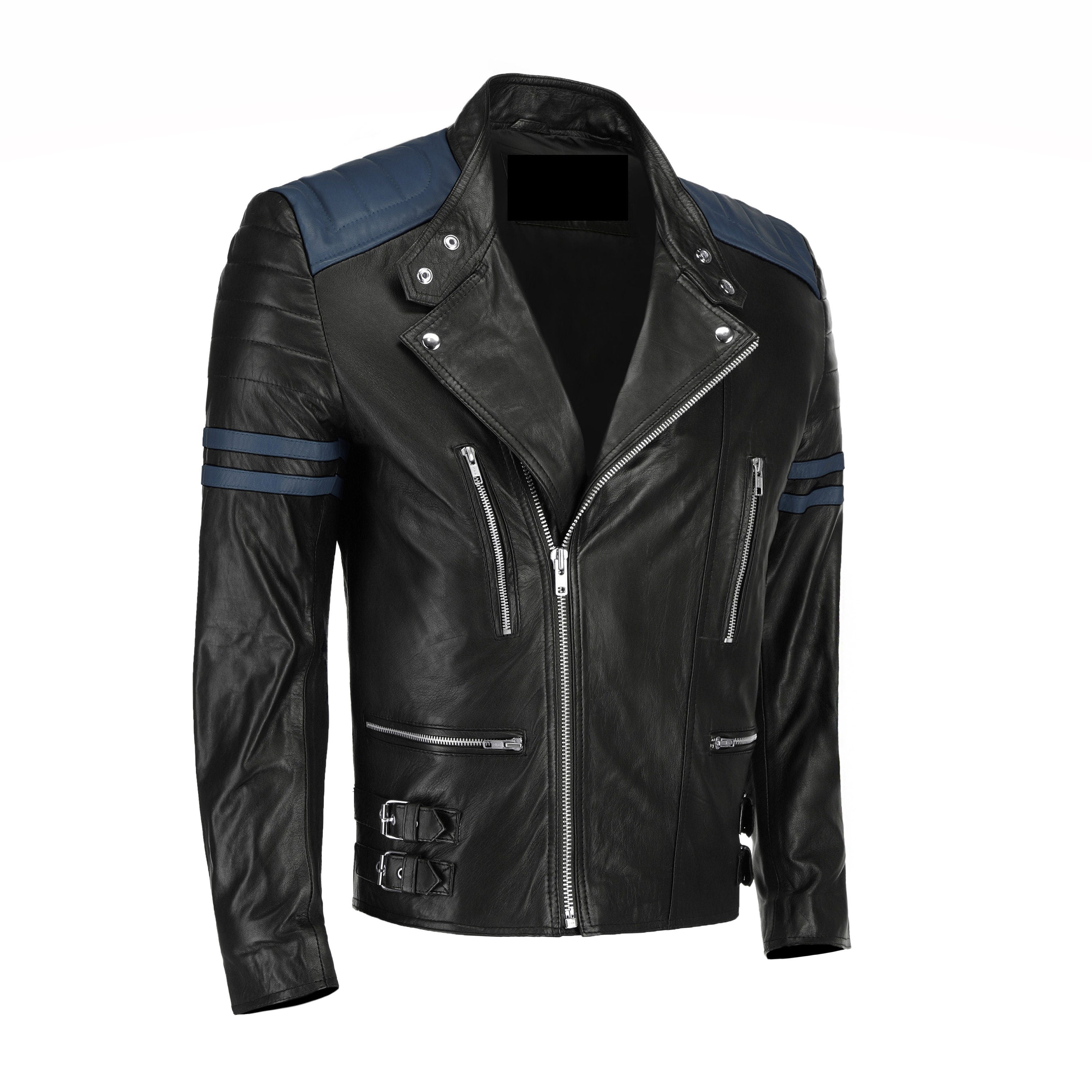 Handmade Rodger's Blue And Black Biker Style Leather Jacket