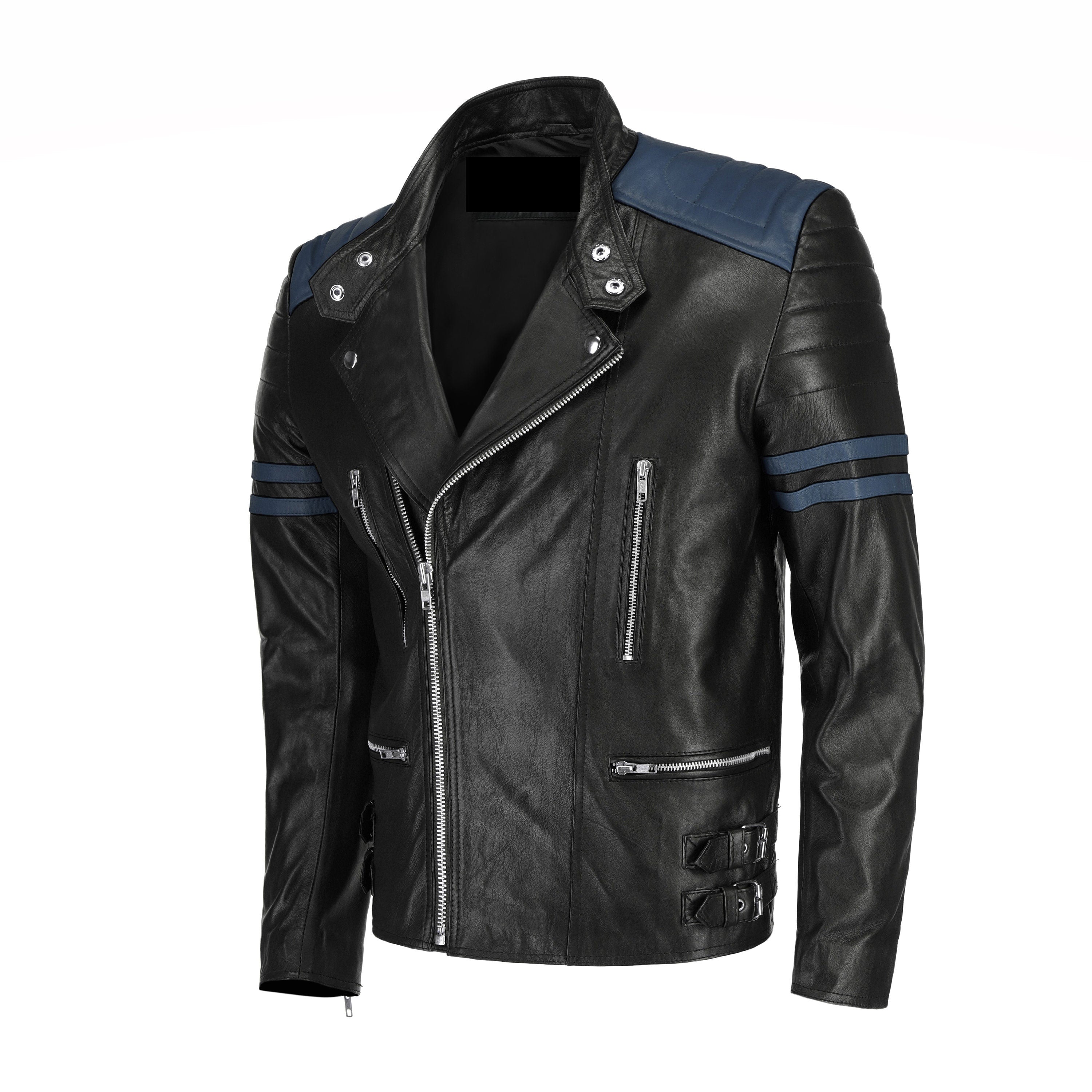 Handmade Rodger's Blue And Black Biker Style Leather Jacket