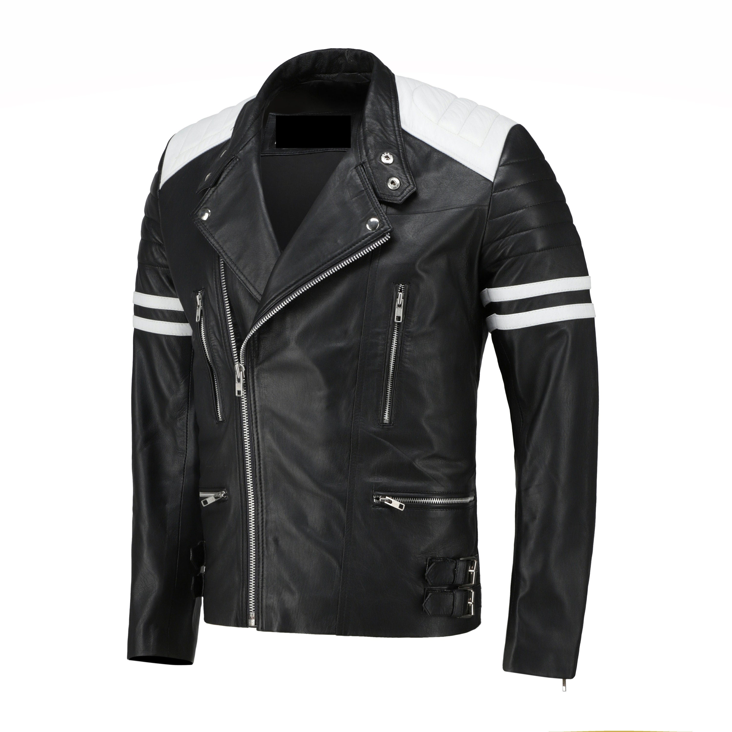 Handmade Rodger's White And Black Biker Style Leather Jacket