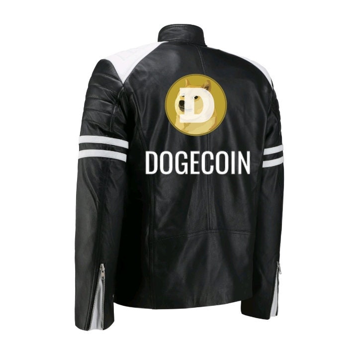 Handmade Dogecoin Bomber Leather Jacket White Stripes