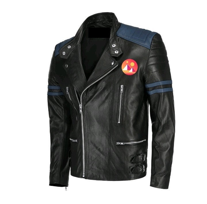 Handmade Decentaland Bomber Leather Jacket Blue Stripes