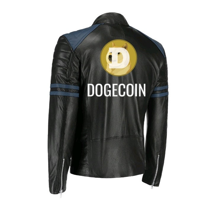 Handmade Dogecoin Bomber Leather Jacket Blue Stripes