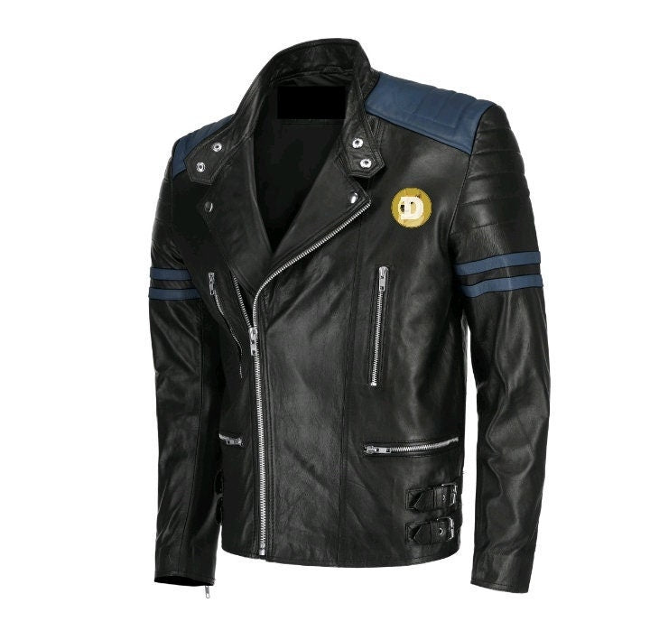 Handmade Dogecoin Bomber Leather Jacket Blue Stripes