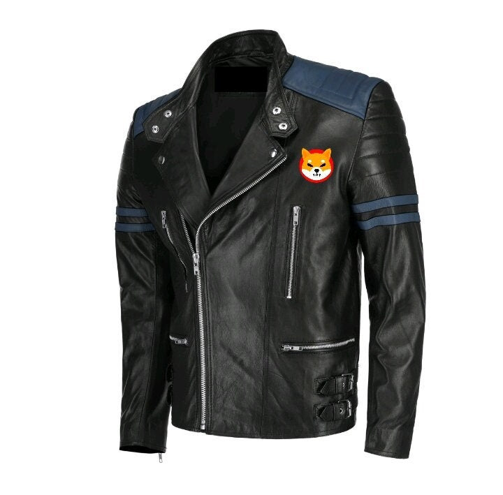 Handmade Shiba Inu Bomber Leather Jacket Blue Stripes