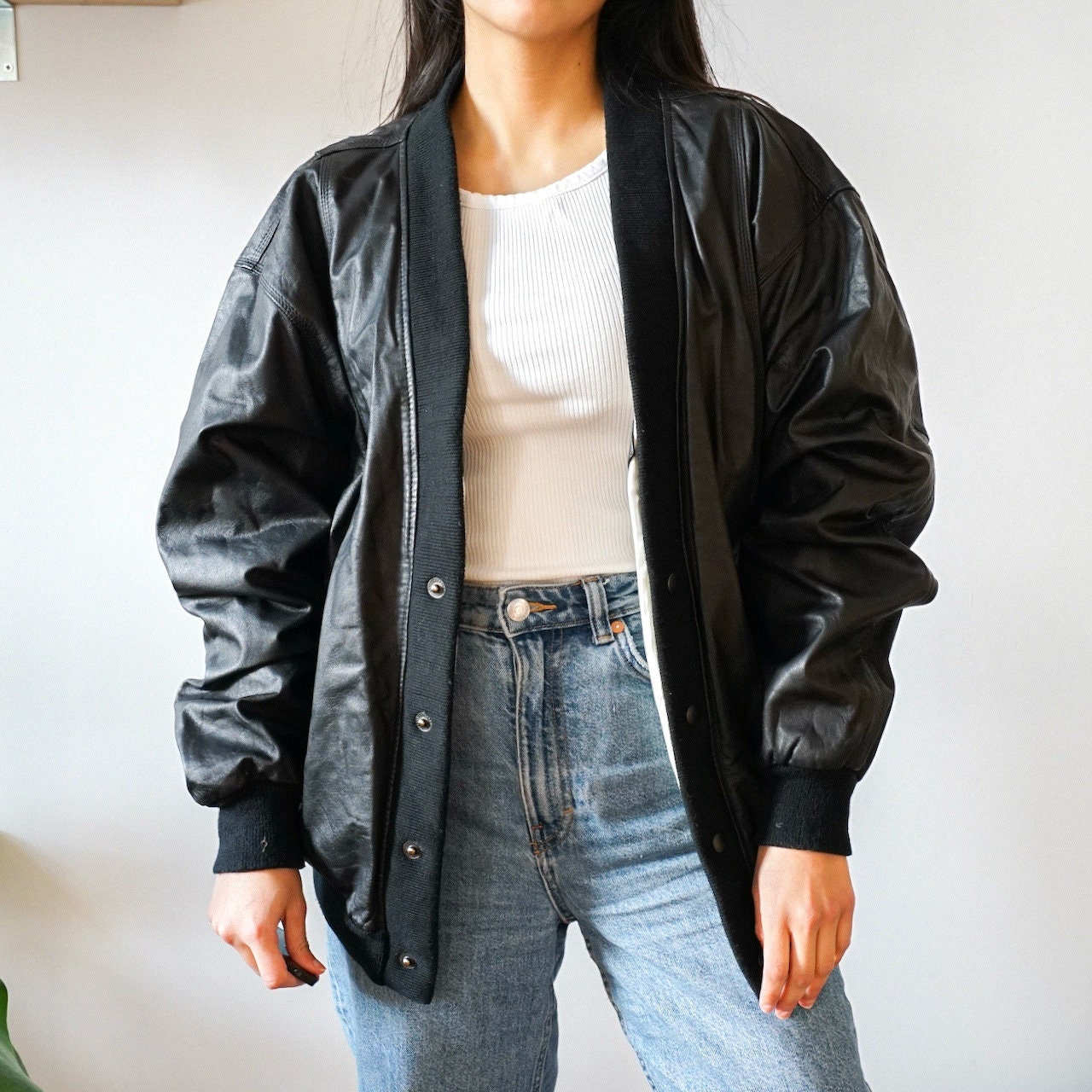 Handmade 90's Oversized Bomber Jacket Retro Leather Jacket Gift for Her Halloween Costume