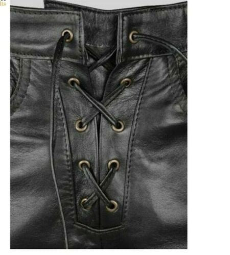 Handmade Lace Up Black Leather Pants for Men Side Lace Up Black Punk Rock Pants