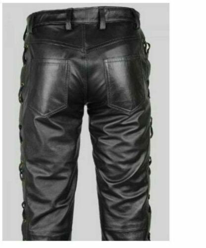 Handmade Lace Up Black Leather Pants for Men Side Lace Up Black Punk Rock Pants