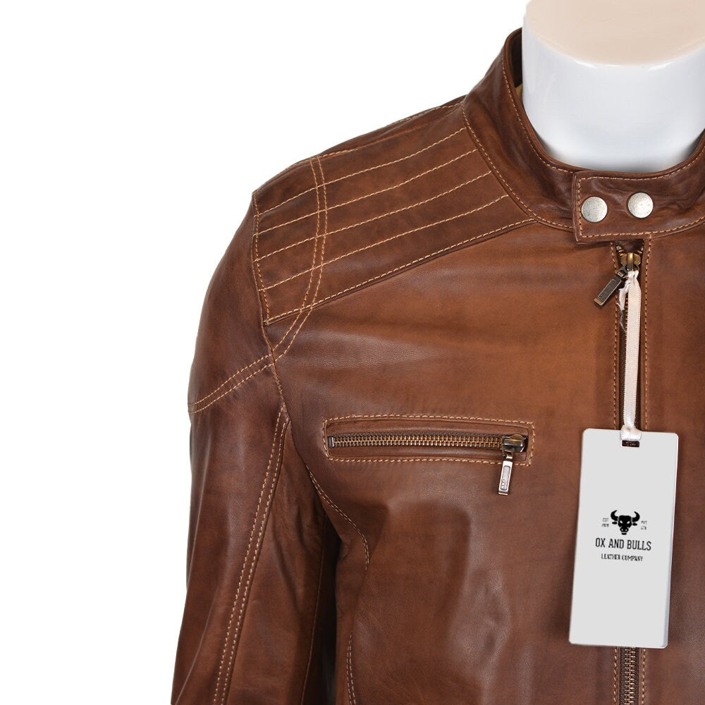 Ox and Bulls Handmade Brown Cafe Racer Biker Jacket