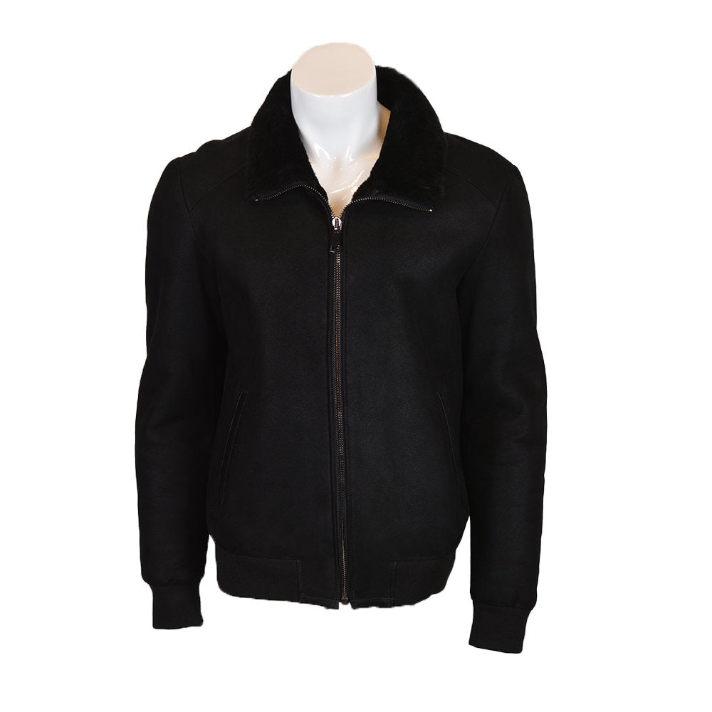 Ox and Bulls Handmade Black Fur Bomber Jacket Leather Coat