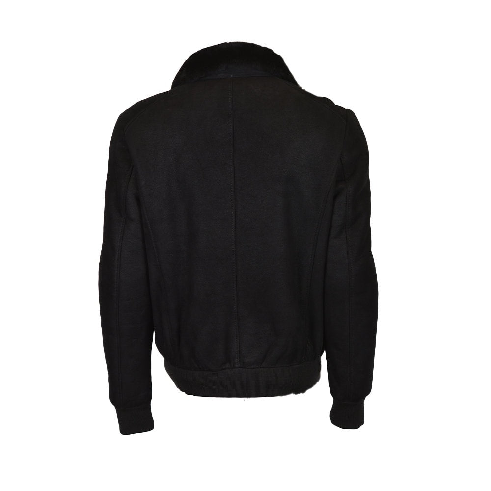 Ox and Bulls Handmade Black Fur Bomber Jacket Leather Coat