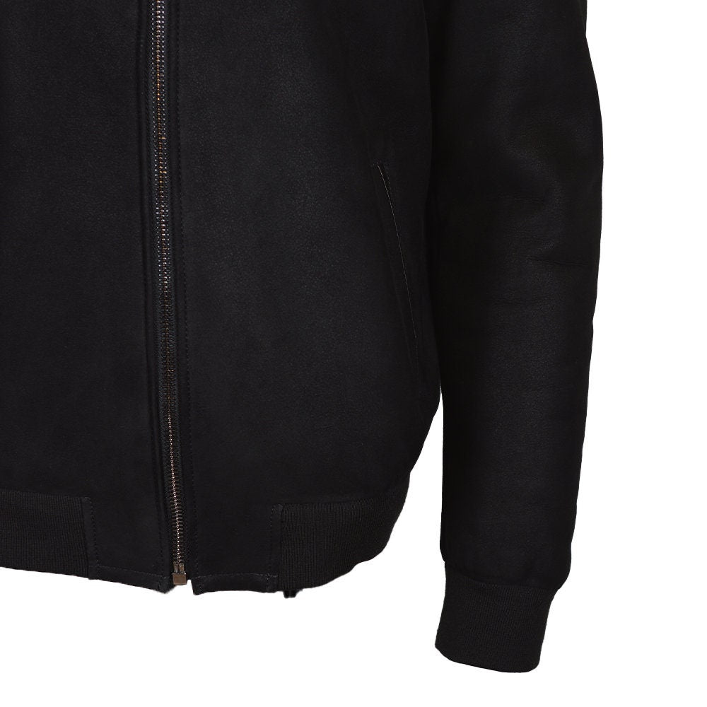 Ox and Bulls Handmade Black Fur Bomber Jacket Leather Coat