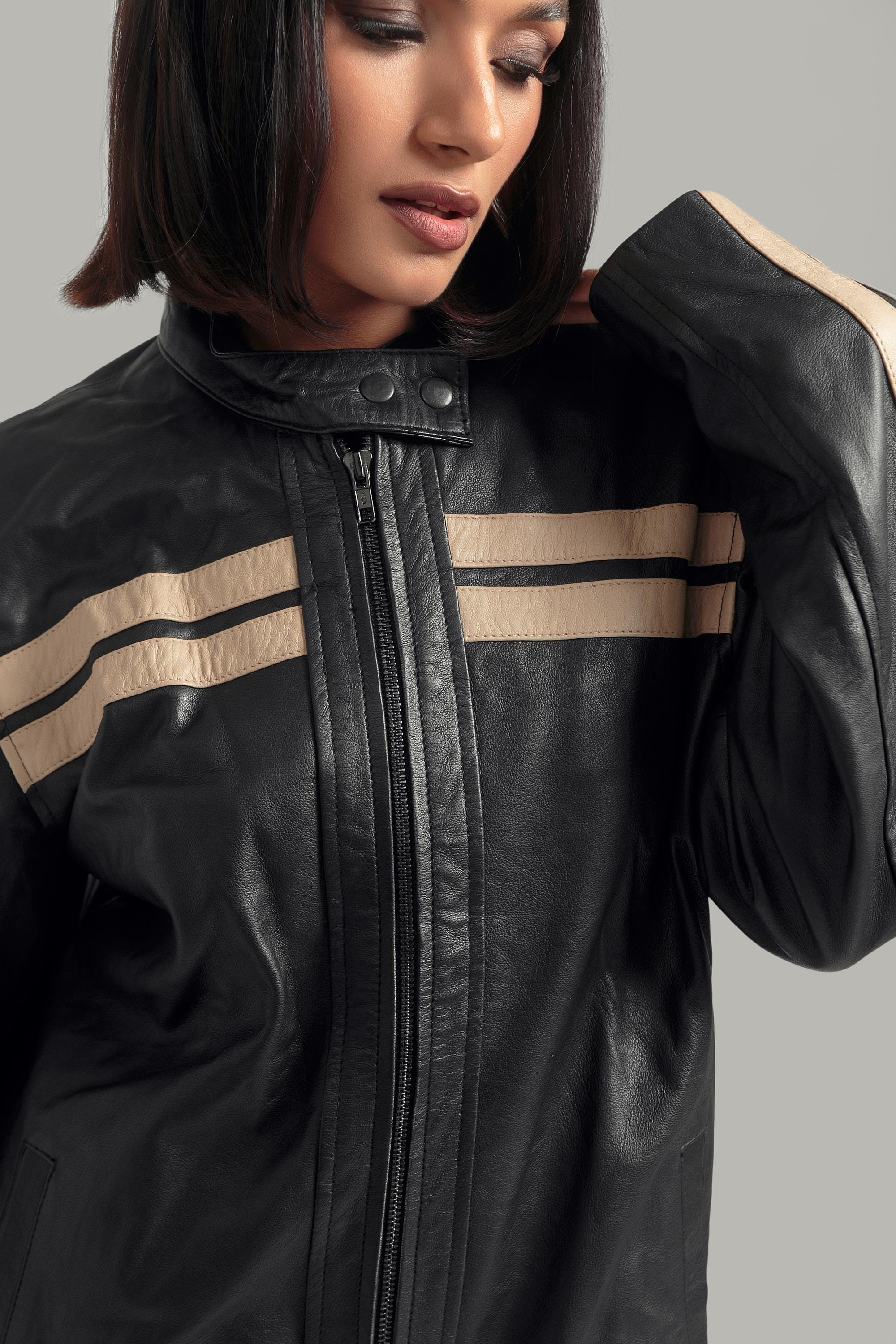 Oversized Black Leather Bomber Jacket, Retro Stripe Design