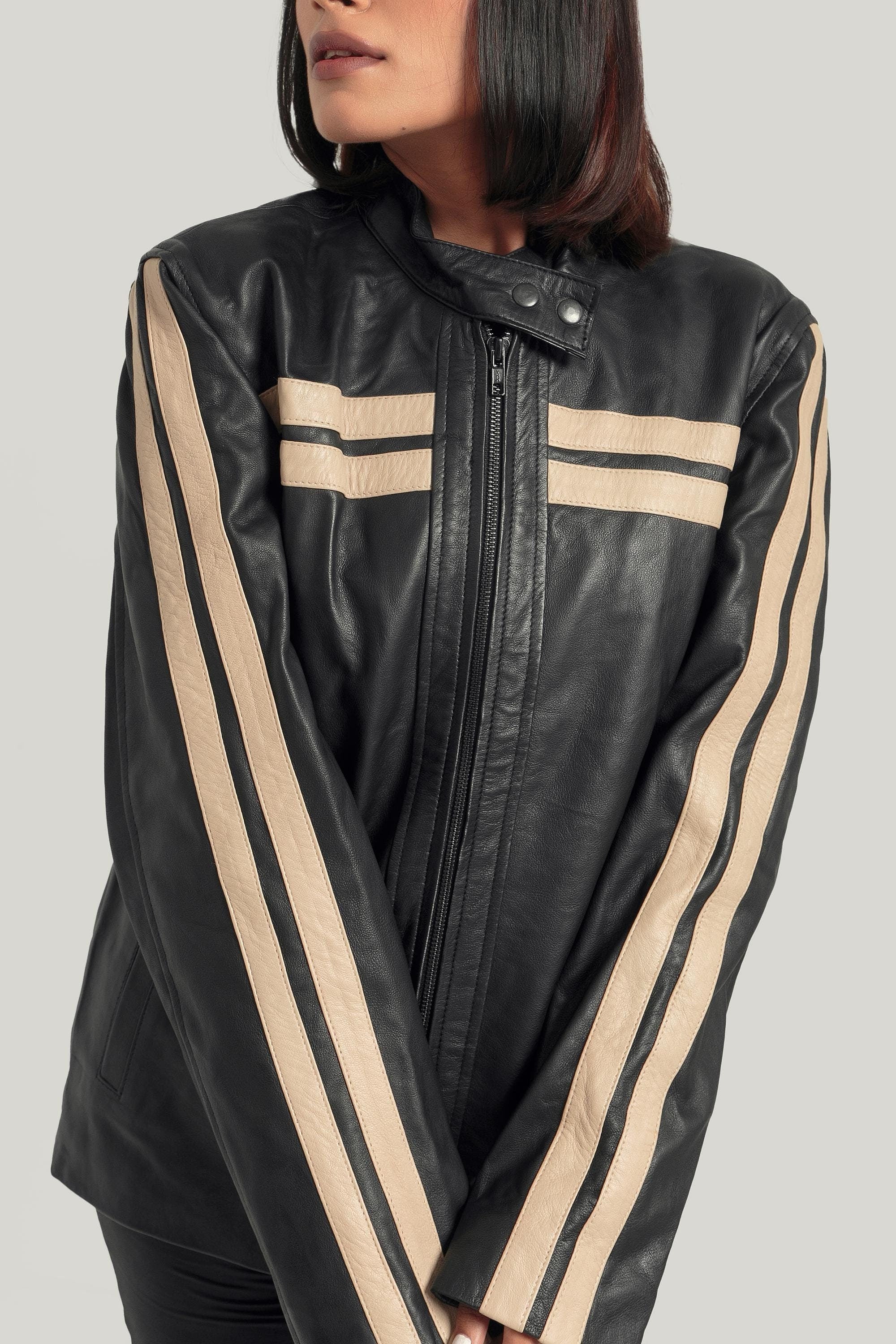 Oversized Black Leather Bomber Jacket, Retro Stripe Design
