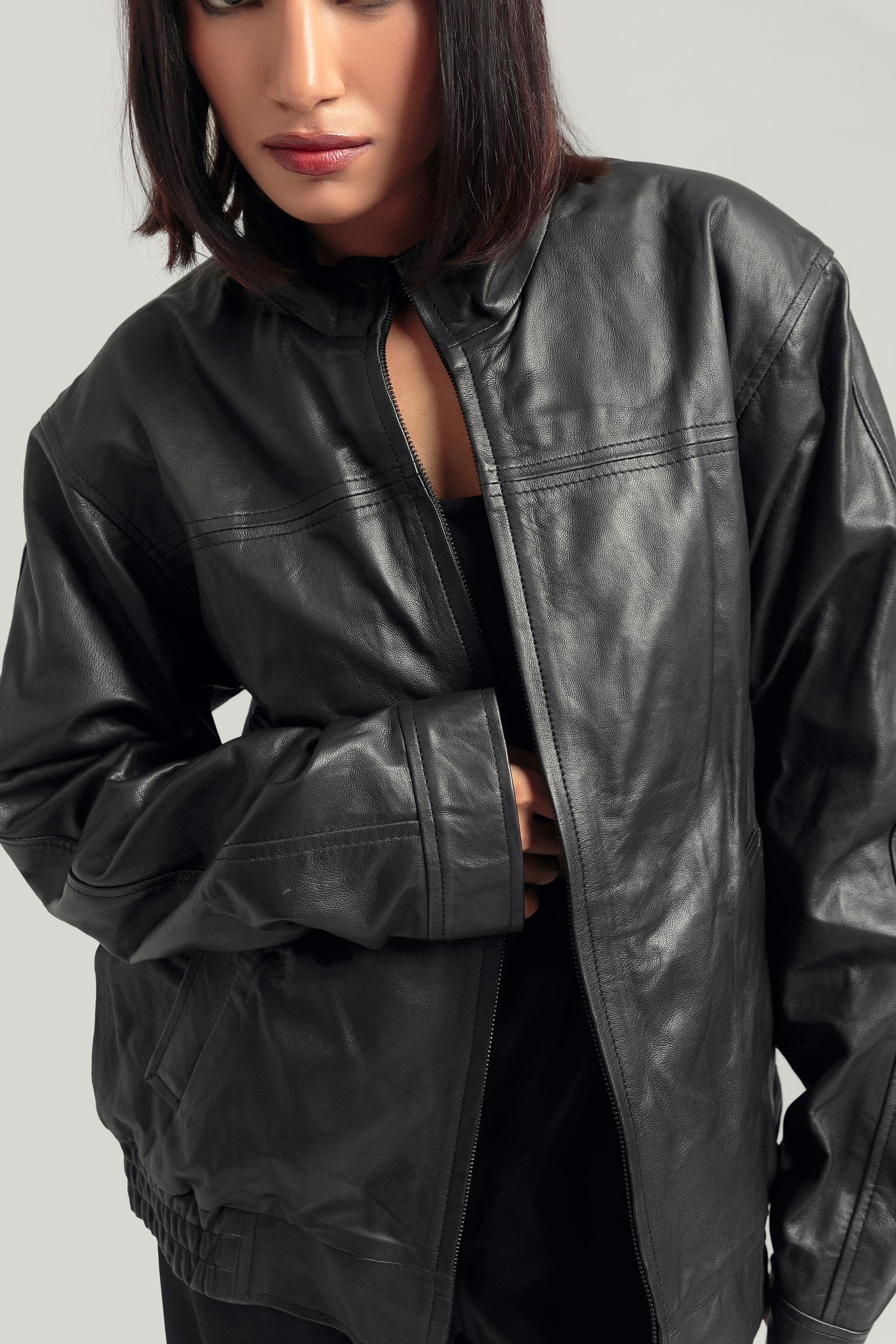 Oversized Black Leather Biker Jacket, Handcrafted Retro Bomber