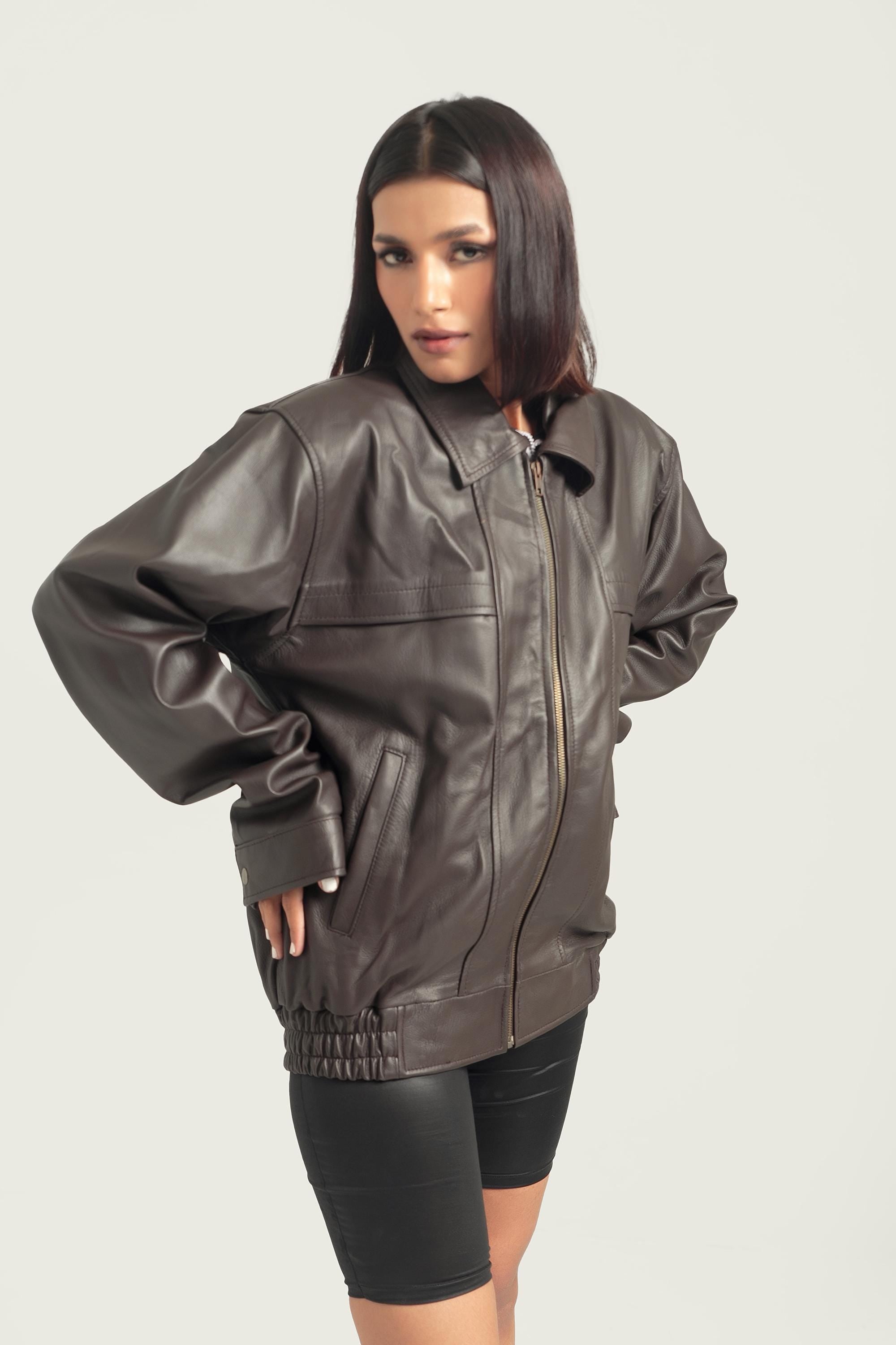 Oversized Dark Brown Bomber Jacket Retro Leather Jacket Handcrafted & Designed by Ox and Bulls