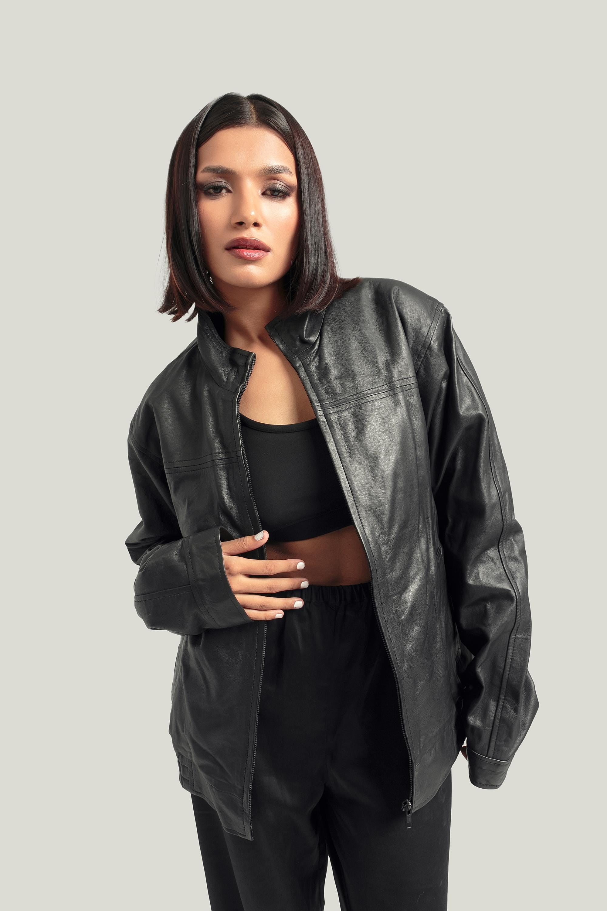Oversized Black Leather Biker Jacket, Handcrafted Retro Bomber