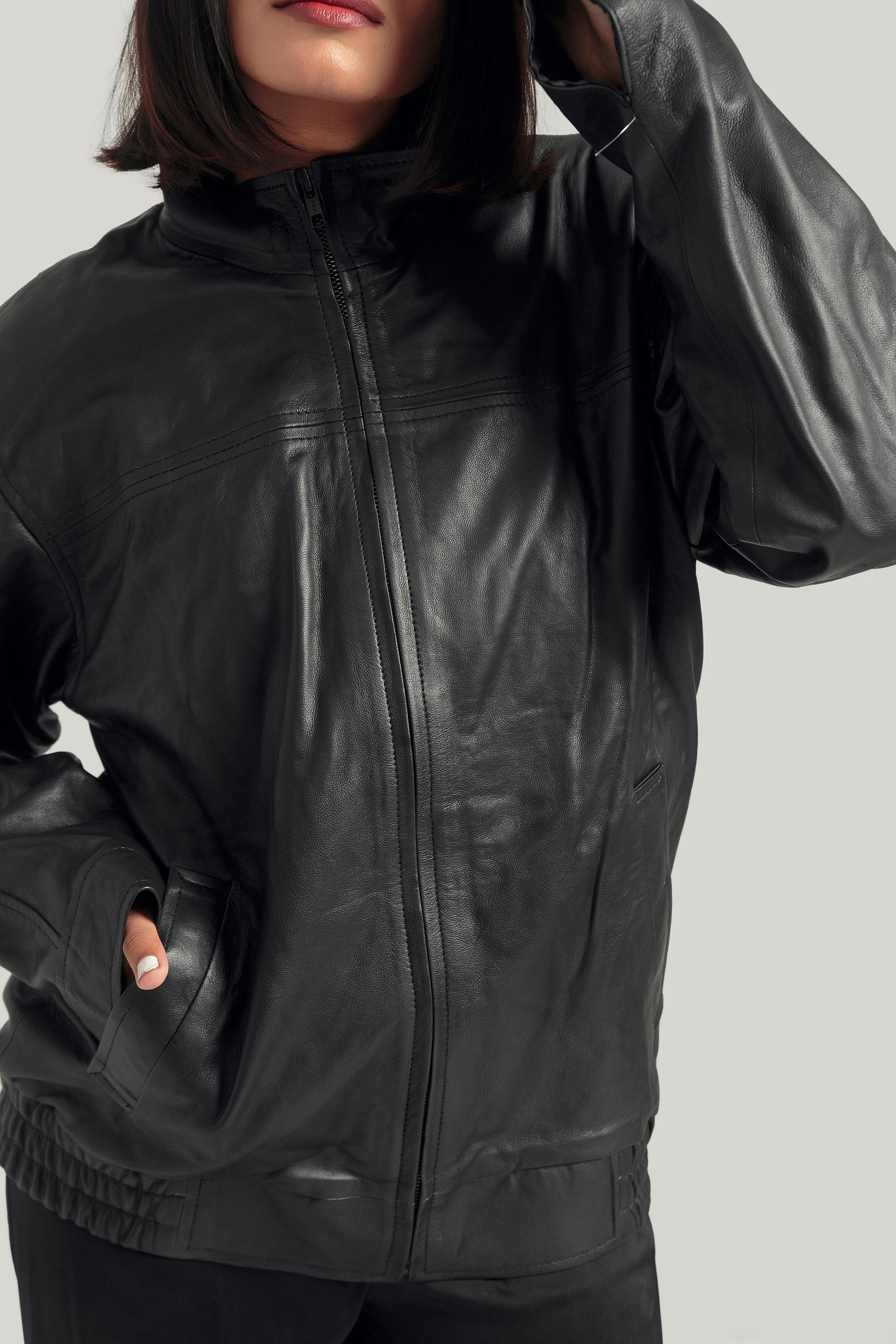 Oversized Black Leather Biker Jacket, Handcrafted Retro Bomber