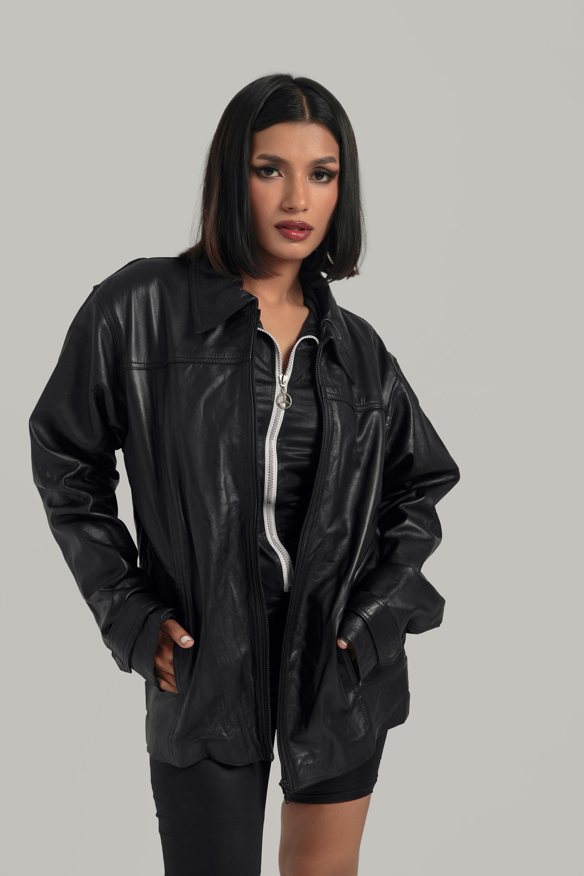 Handcrafted Oversized Black Leather Biker Jacket, Retro Bomber Style