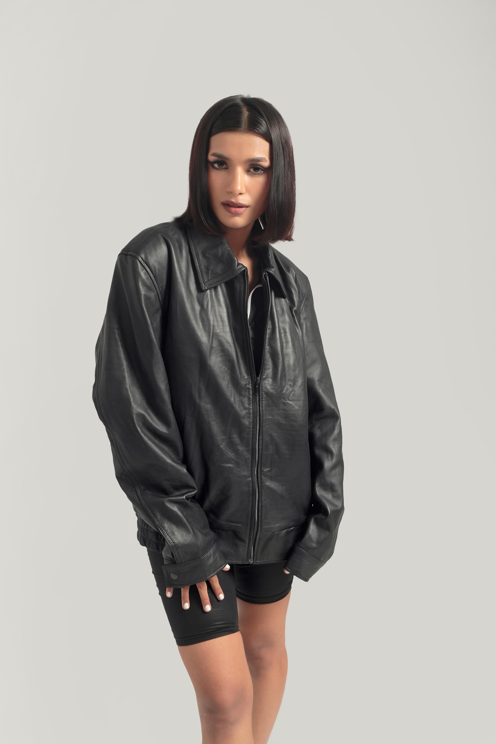 Oversized Baggy Women's Black Classic Bikers Jacket for Women's Retro Bomber Leather Jacket Handcrafted & Designed by Ox and Bulls