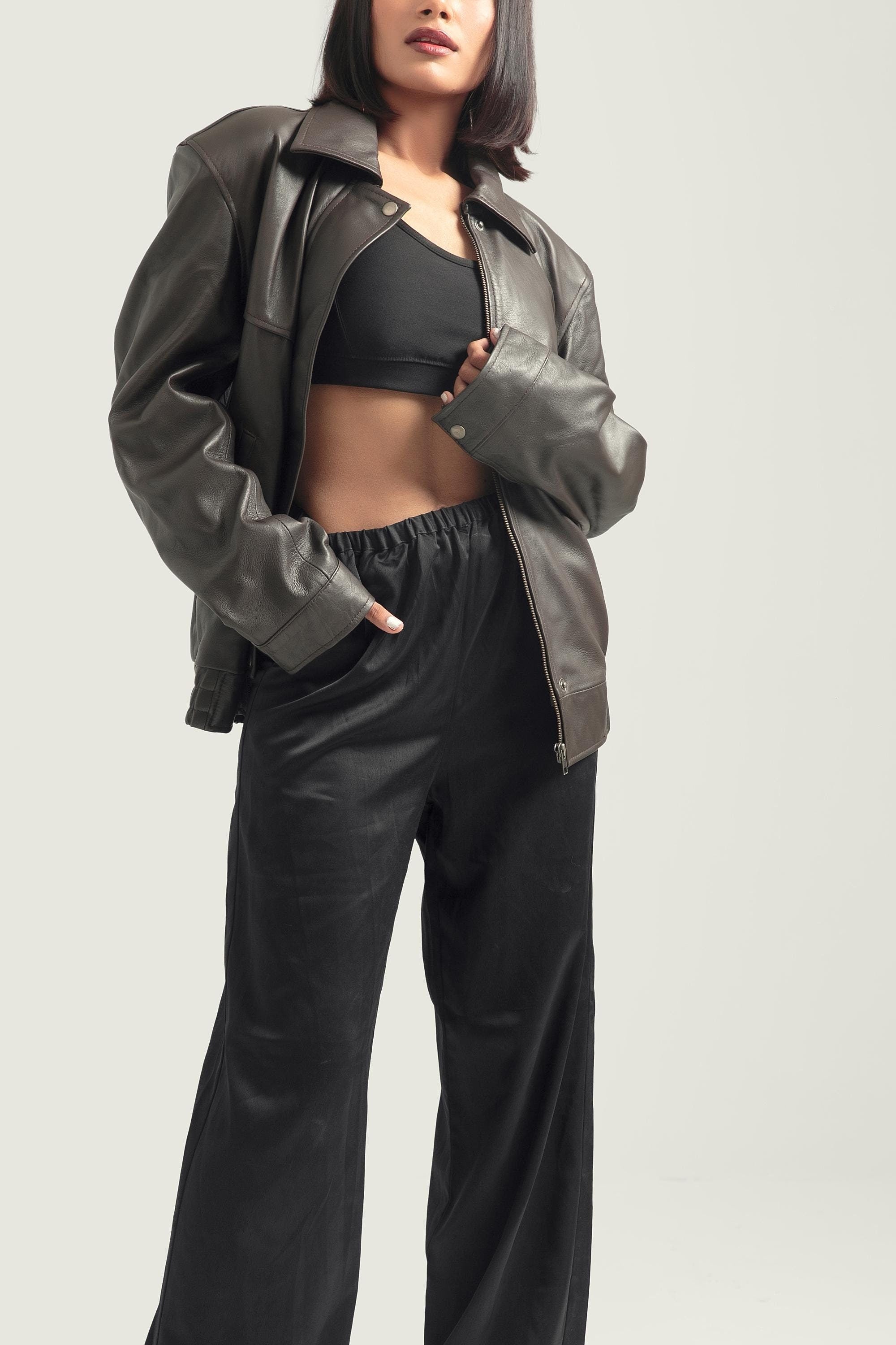 Handcrafted Oversized Dark Brown Leather Jacket, Retro Bomber Style