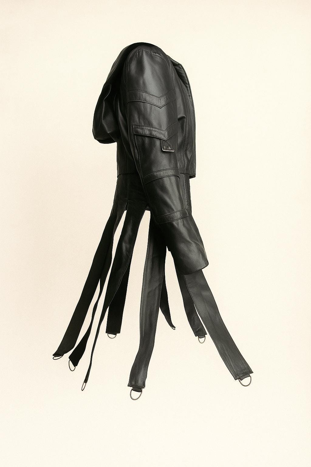 Gothic Leather Hooded Jacket – Cyberpunk Buckle Strap D-Ring Detail