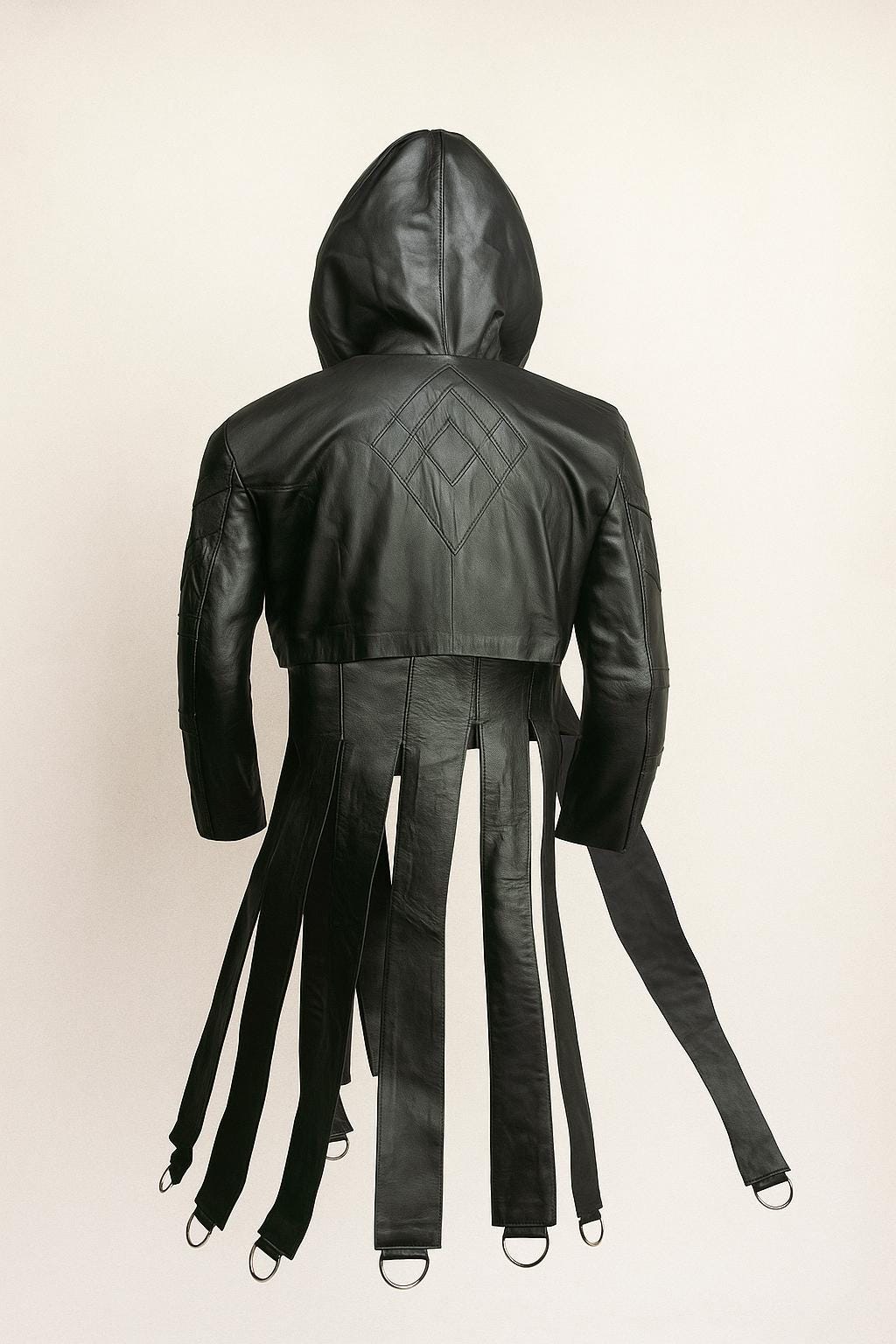 Gothic Leather Hooded Jacket – Cyberpunk Buckle Strap D-Ring Detail