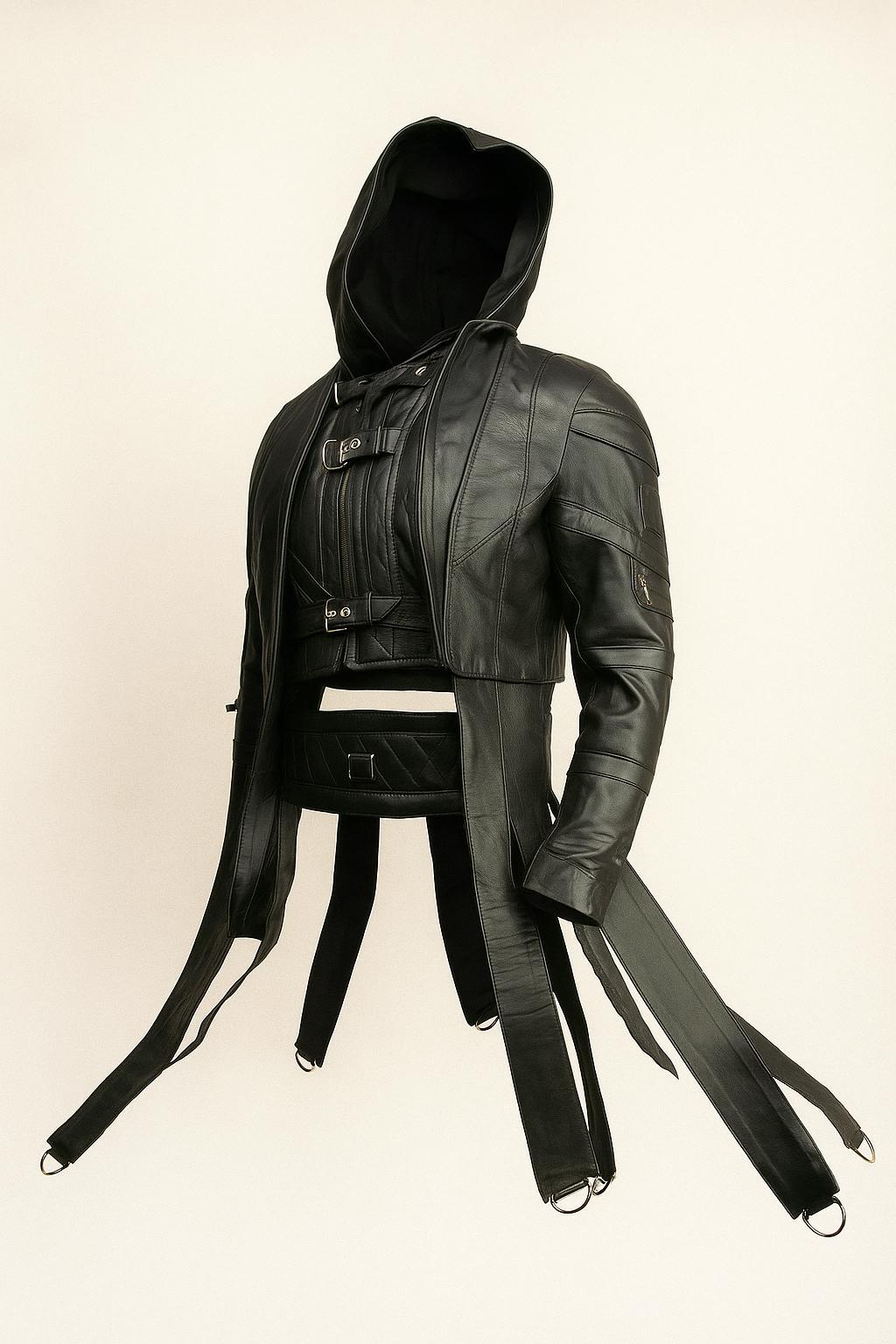 Gothic Leather Hooded Jacket – Cyberpunk Buckle Strap D-Ring Detail