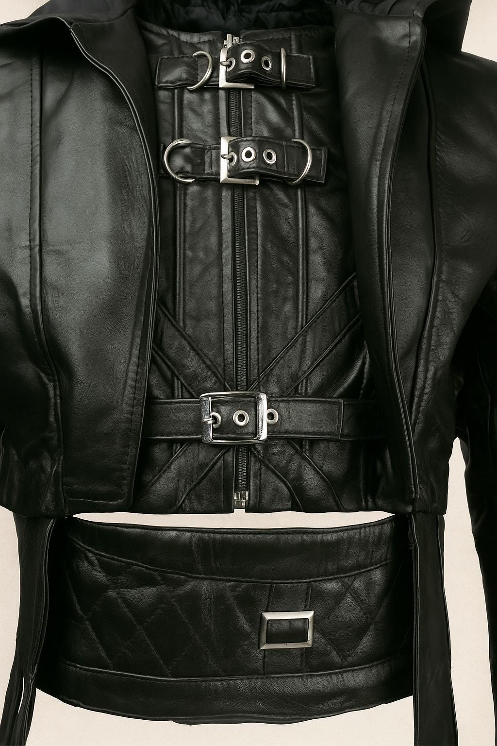Gothic Leather Hooded Jacket – Cyberpunk Buckle Strap D-Ring Detail