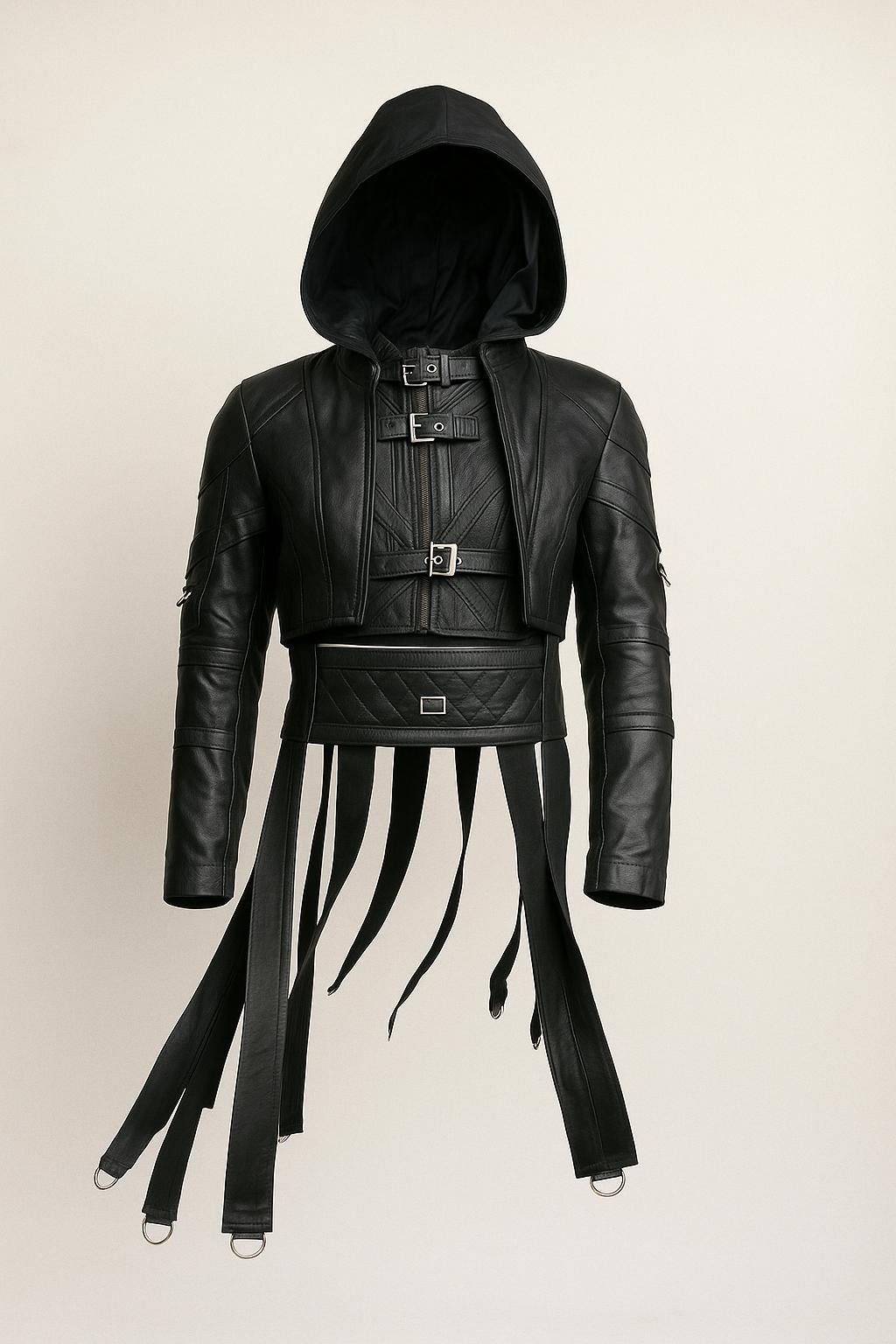 Gothic Leather Hooded Jacket – Cyberpunk Buckle Strap D-Ring Detail