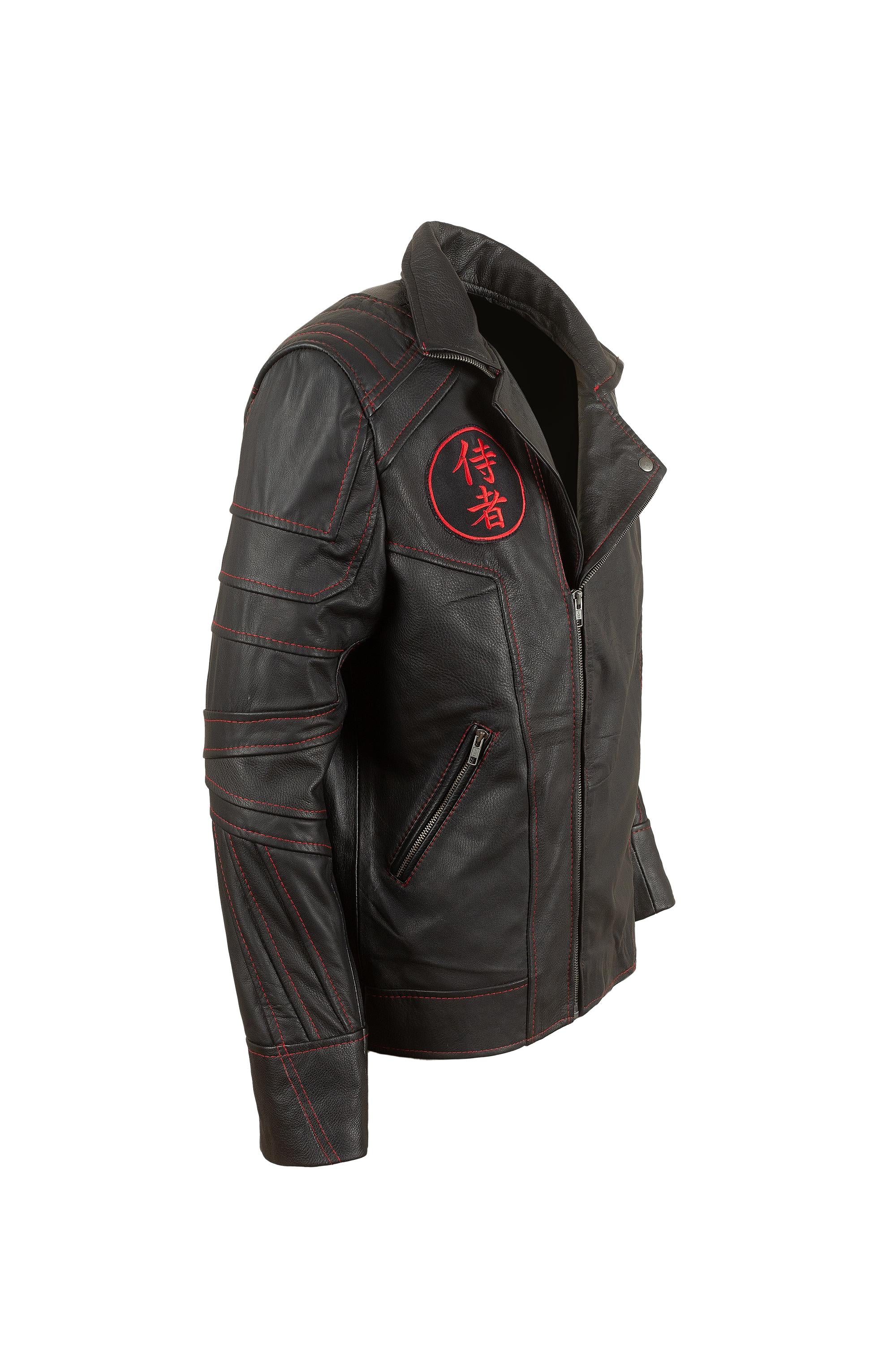 Samurai Spirit Leather Jacket | Cyber Ronin Biker Jacket | Handcrafted Black Leather Jacket with Red Stitching & Embroidered Samurai Patches