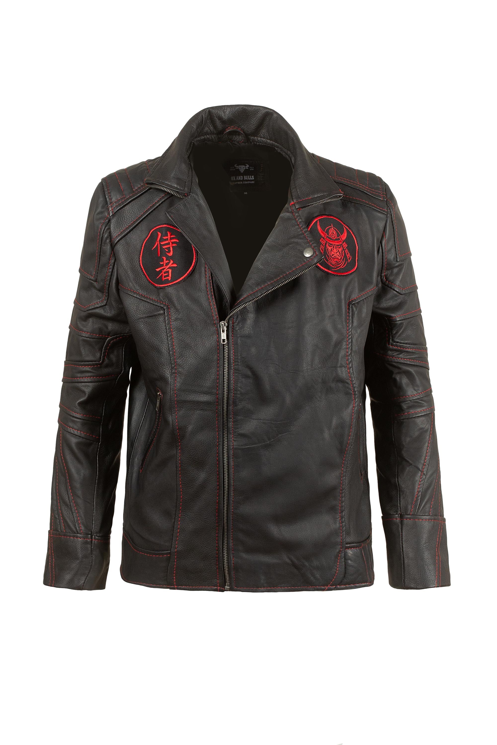 Samurai Spirit Leather Jacket | Cyber Ronin Biker Jacket | Handcrafted Black Leather Jacket with Red Stitching & Embroidered Samurai Patches
