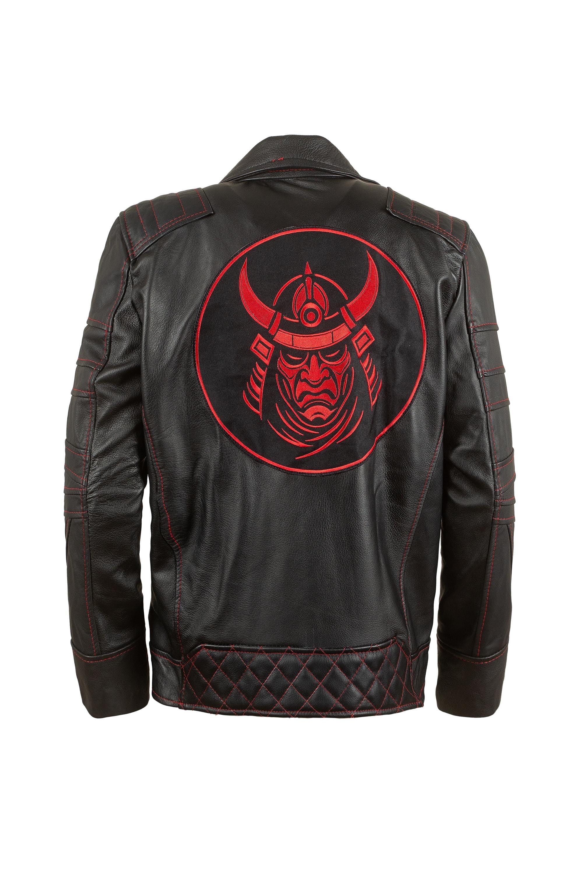 Samurai Spirit Leather Jacket | Cyber Ronin Biker Jacket | Handcrafted Black Leather Jacket with Red Stitching & Embroidered Samurai Patches