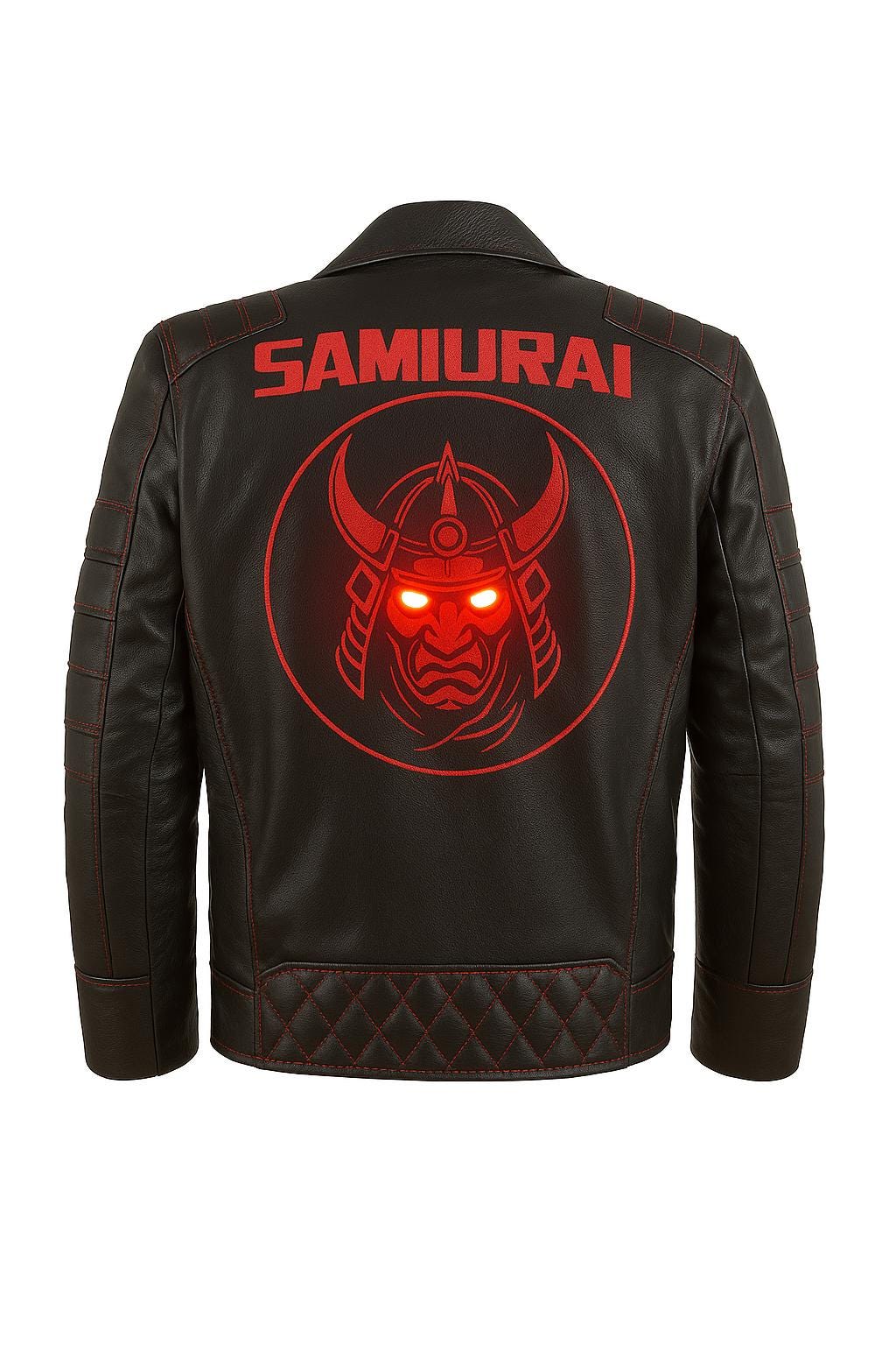 Samurai Spirit Leather Jacket | Cyber Ronin Biker Jacket | Handcrafted Black Leather Jacket with Red Stitching & Embroidered Samurai Patches