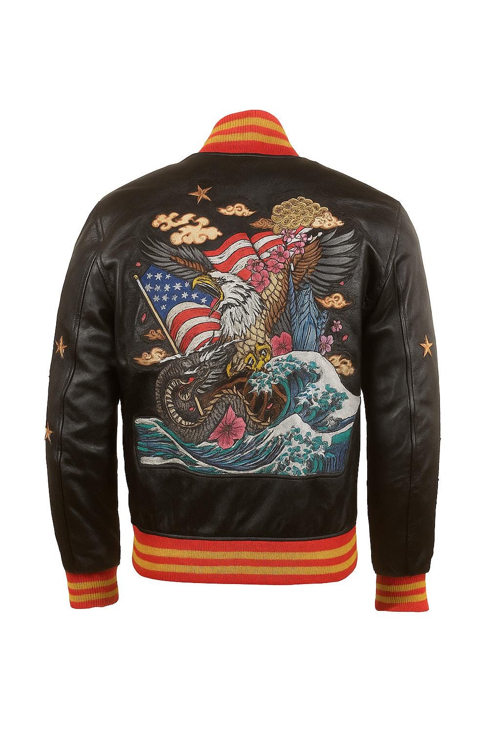 Dragon Crest Sukajan Leather Bomber Jacket |Japanese Dragon Embroidered Leather Jacket |Men’s Vintage Yokosuka Souvenir Style |