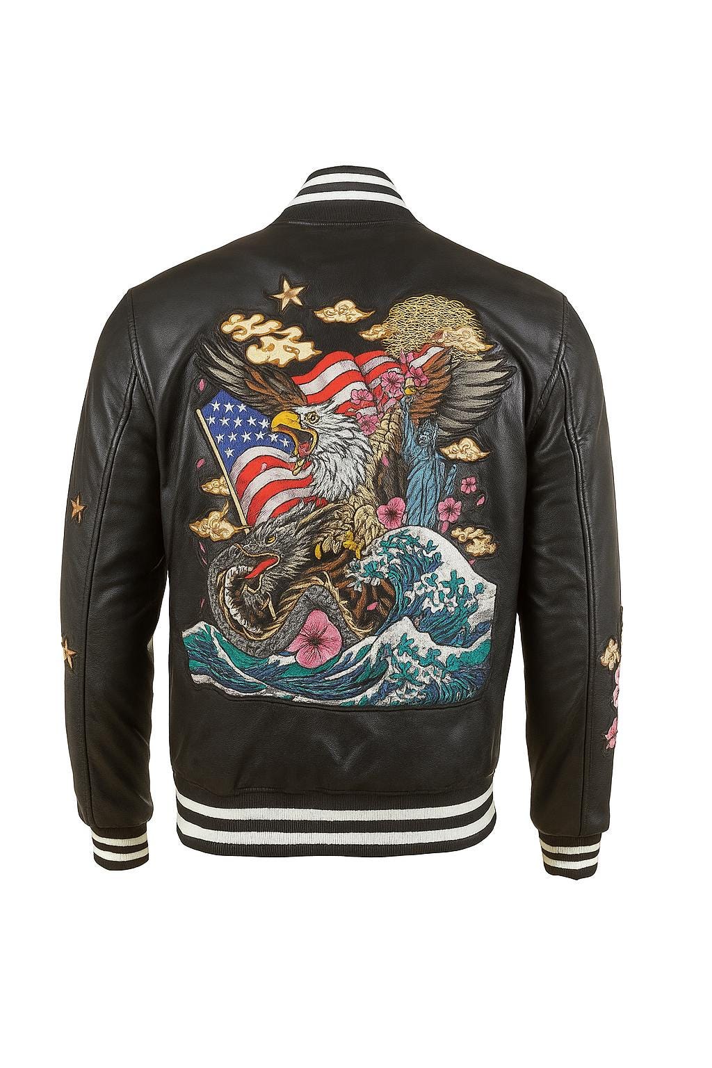 Dragon Embroidered Leather Bomber Jacket | Vintage Souvenir Style