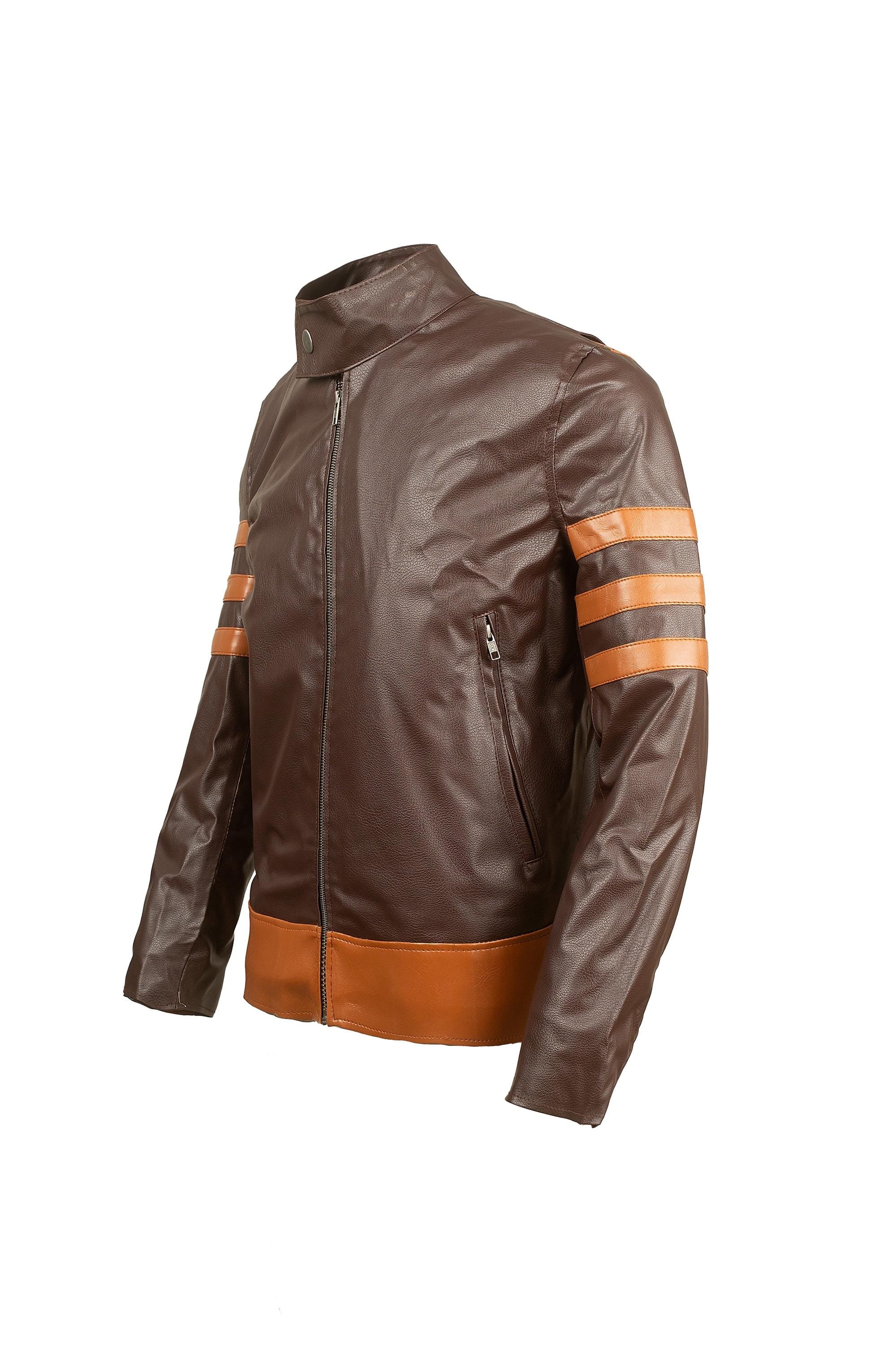 Men's Brown Faux Leather Cafe Racer Jacket – Tan Racing Stripes, Custom Fit