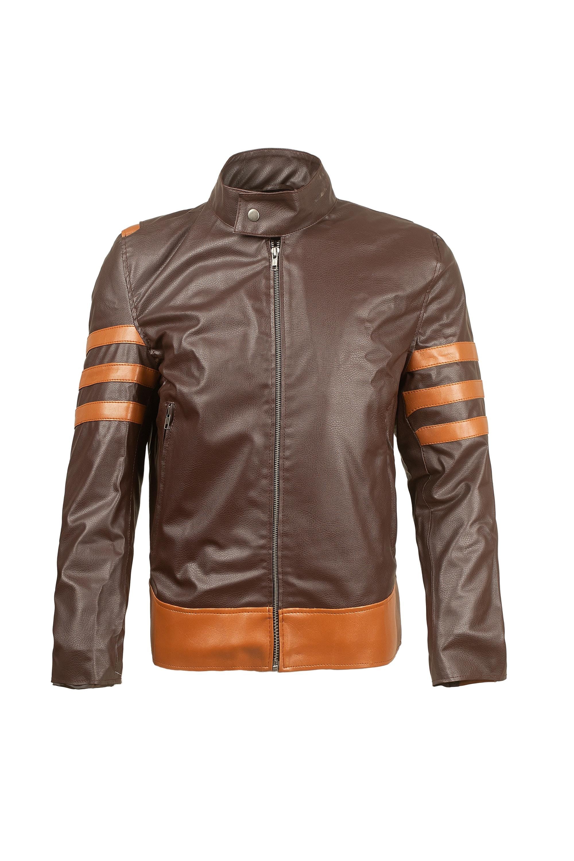 Men's Brown Faux Leather Cafe Racer Jacket – Tan Racing Stripes, Custom Fit