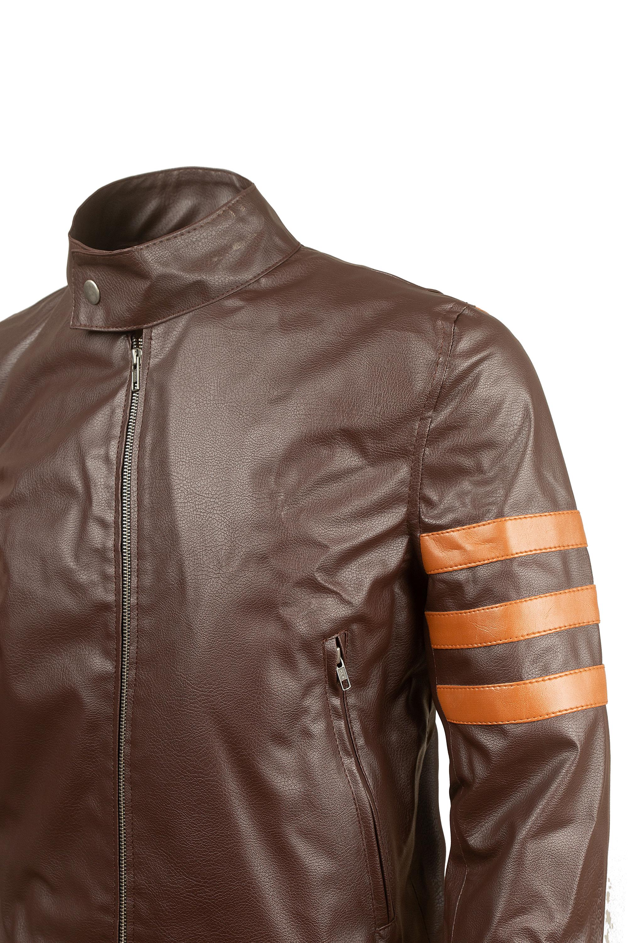 Men's Brown Faux Leather Cafe Racer Jacket – Tan Racing Stripes, Custom Fit