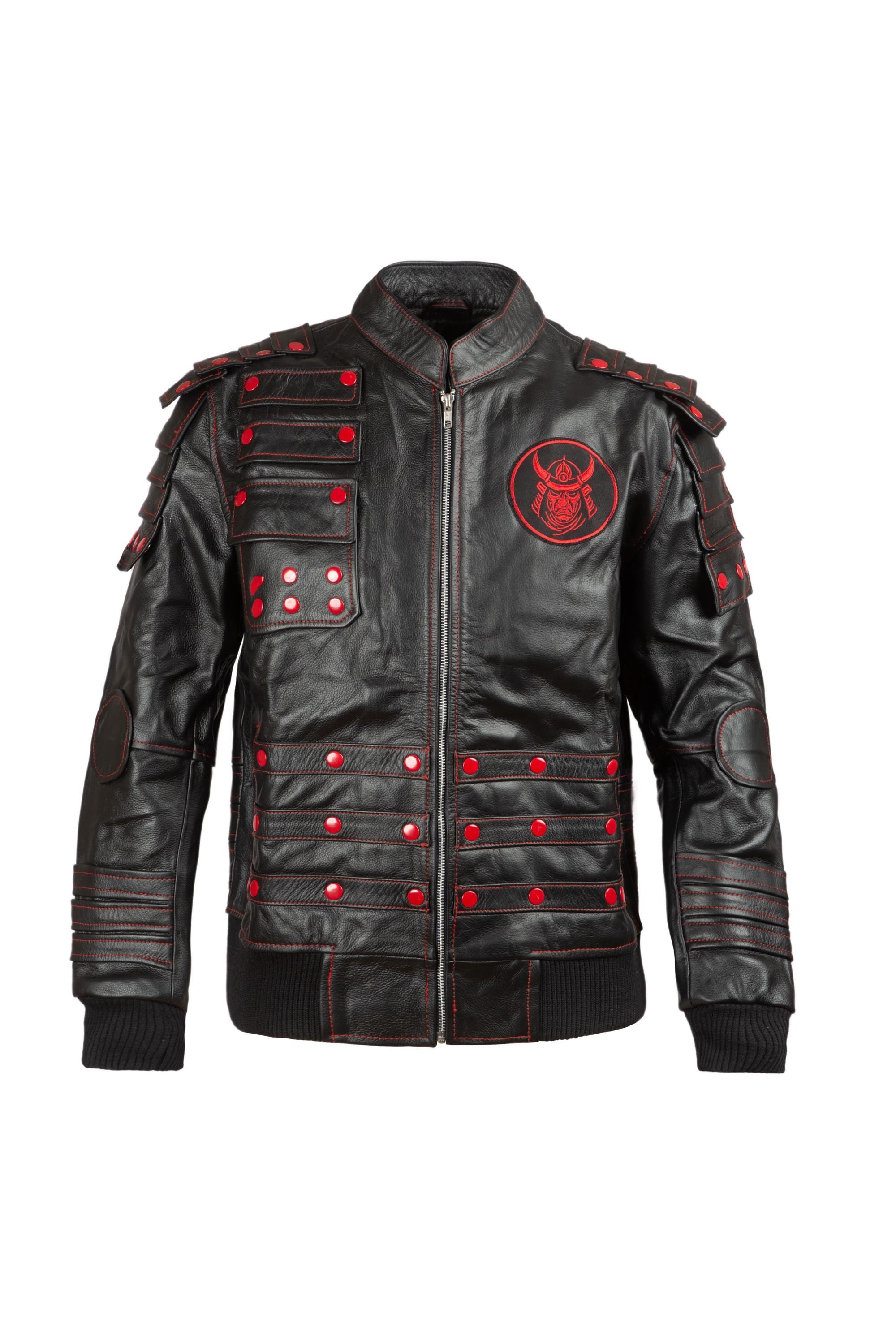 Black & Red Samurai Tactical Leather Jacket – Street Armor Edition