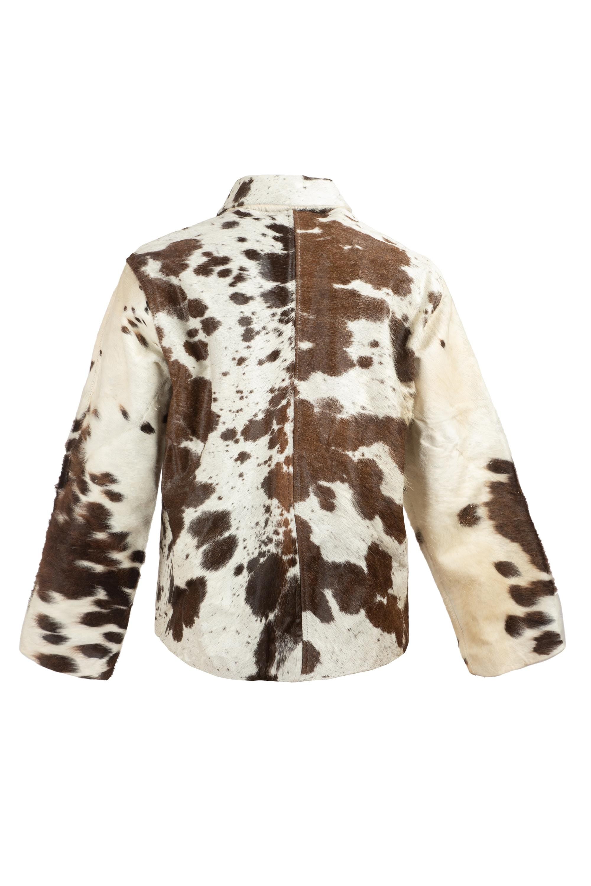 Women’s Rodeo Muse Cowhide Jacket | Western Hair-On Leather Coat | Brown & White Ranch Style Zip Jacket | Cow Print Statement Outerwear