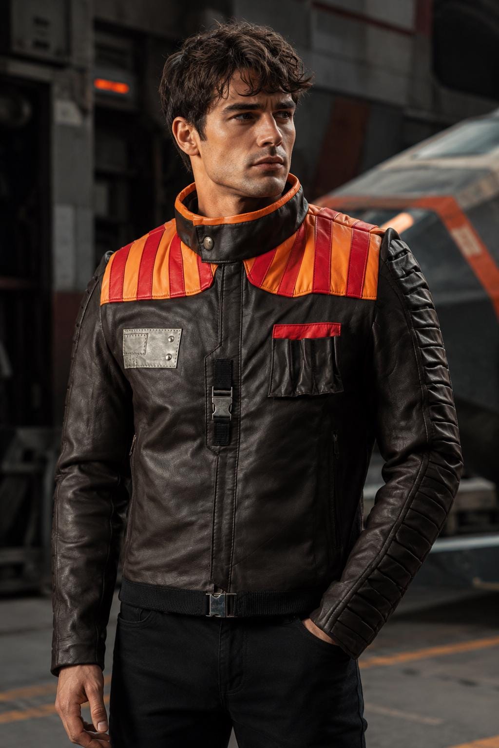 Solar Raider Pilot Jacket, Futuristic Leather Biker Coat for Men, Cyberpunk Racer Style, Sci-Fi Inspired Moto Jacket with Armor Details