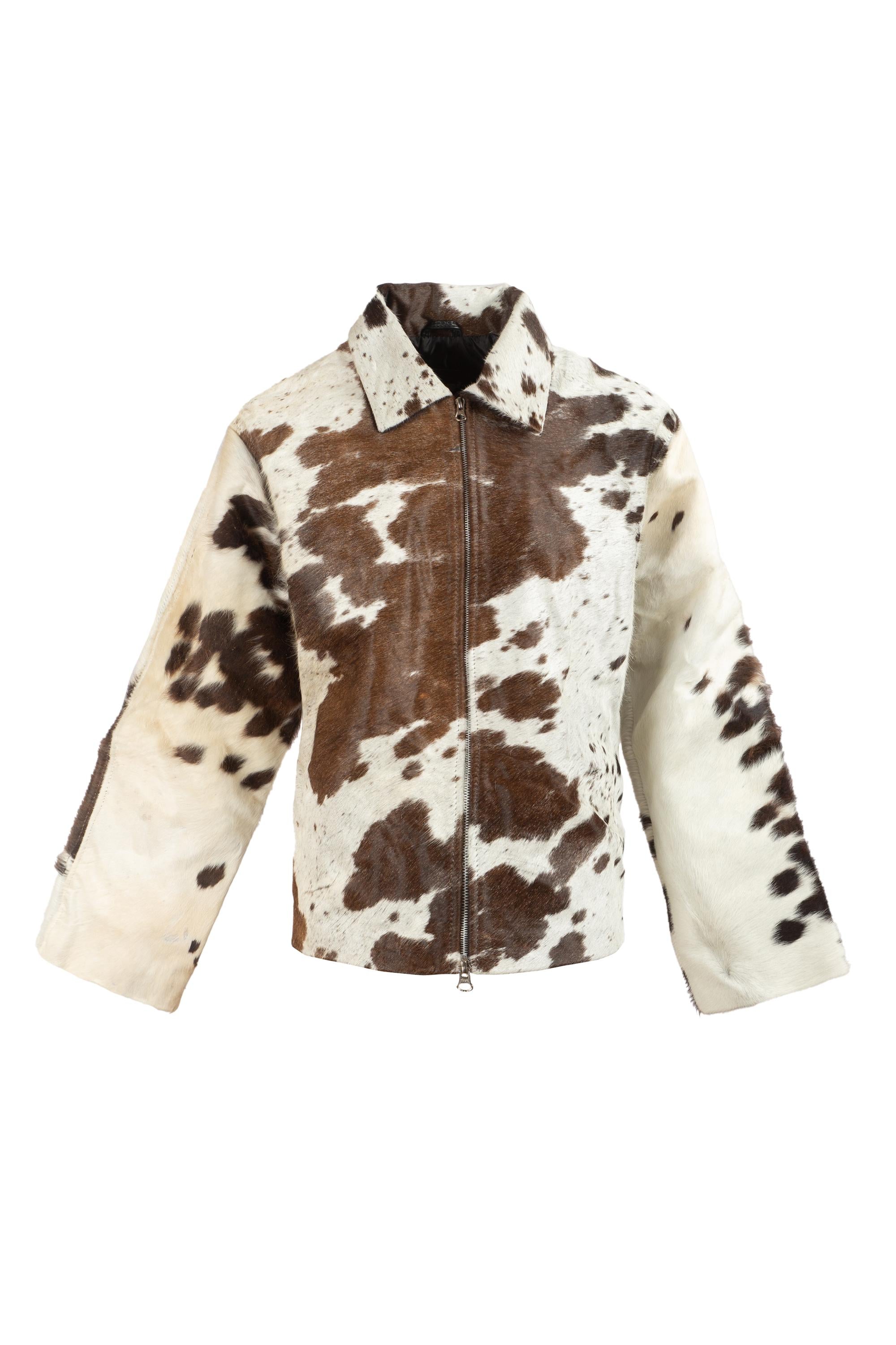 Women’s Rodeo Muse Cowhide Jacket | Western Hair-On Leather Coat | Brown & White Ranch Style Zip Jacket | Cow Print Statement Outerwear