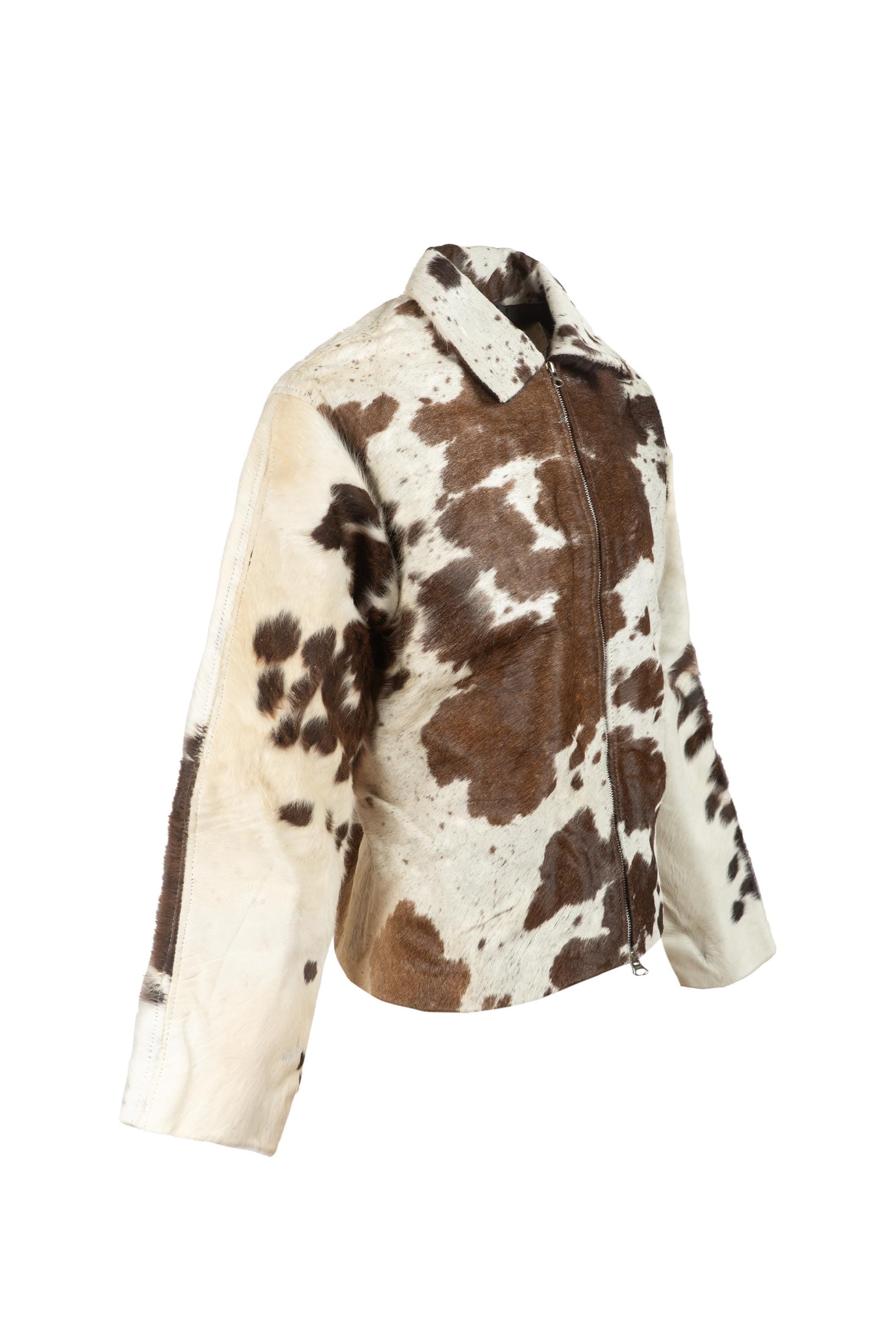 Women’s Rodeo Muse Cowhide Jacket | Western Hair-On Leather Coat | Brown & White Ranch Style Zip Jacket | Cow Print Statement Outerwear