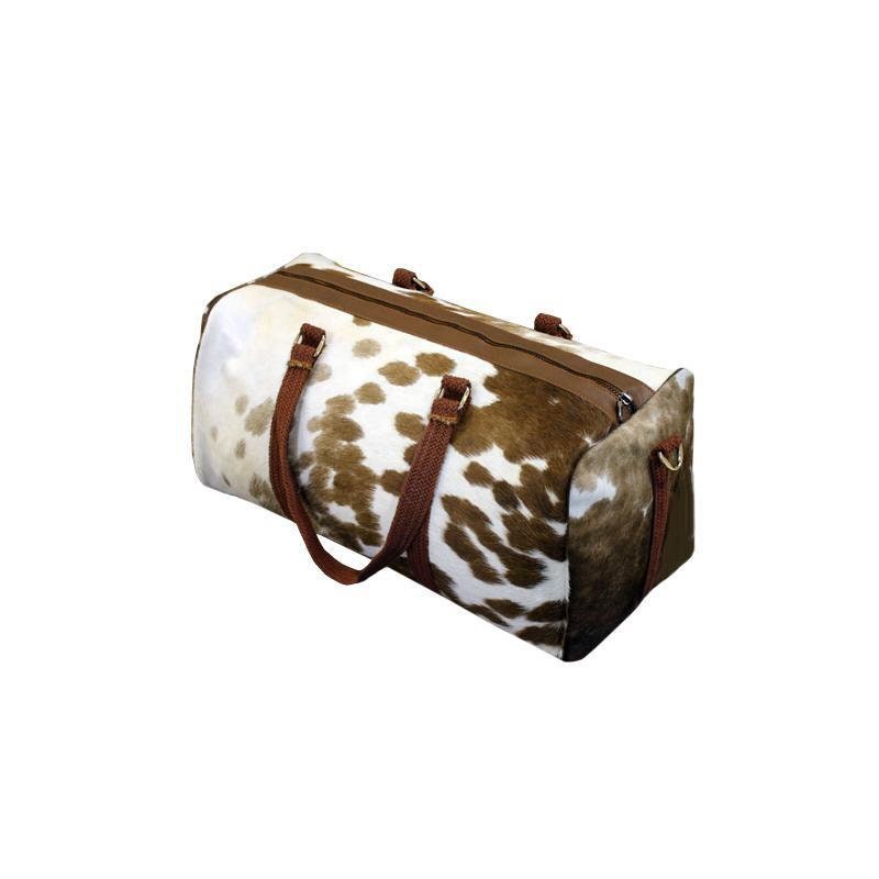 Handmade Genuine Leather Duffel Bag Large Travel Bag Cow Hide Weekend Bag Overnight Bag in Brown & White