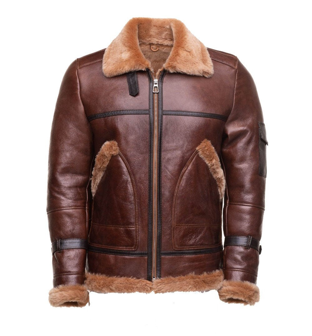 Handmade Esa Brown Bomber Sheepskin Faux Shearling Jacket With Large Pockets